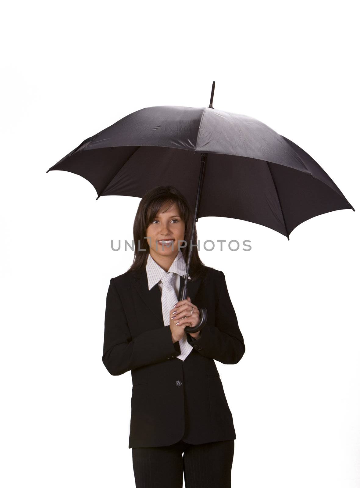 Beuatiful brunette businesswoman with umbrella.