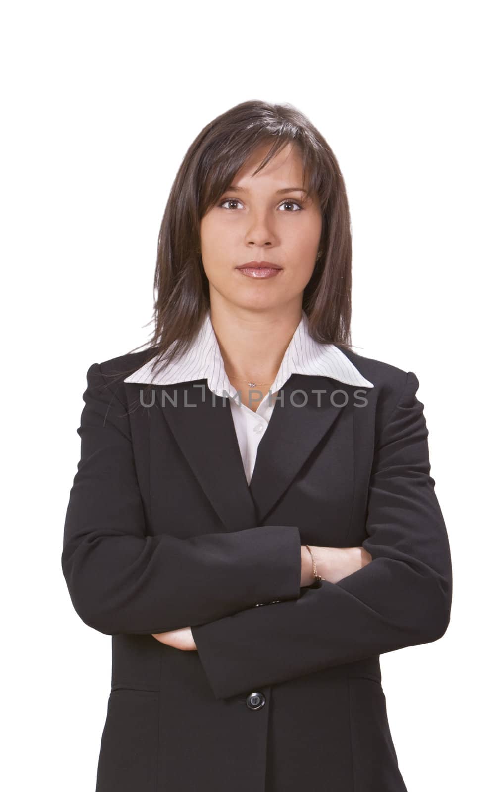 Brunette businesswoman against a white background.