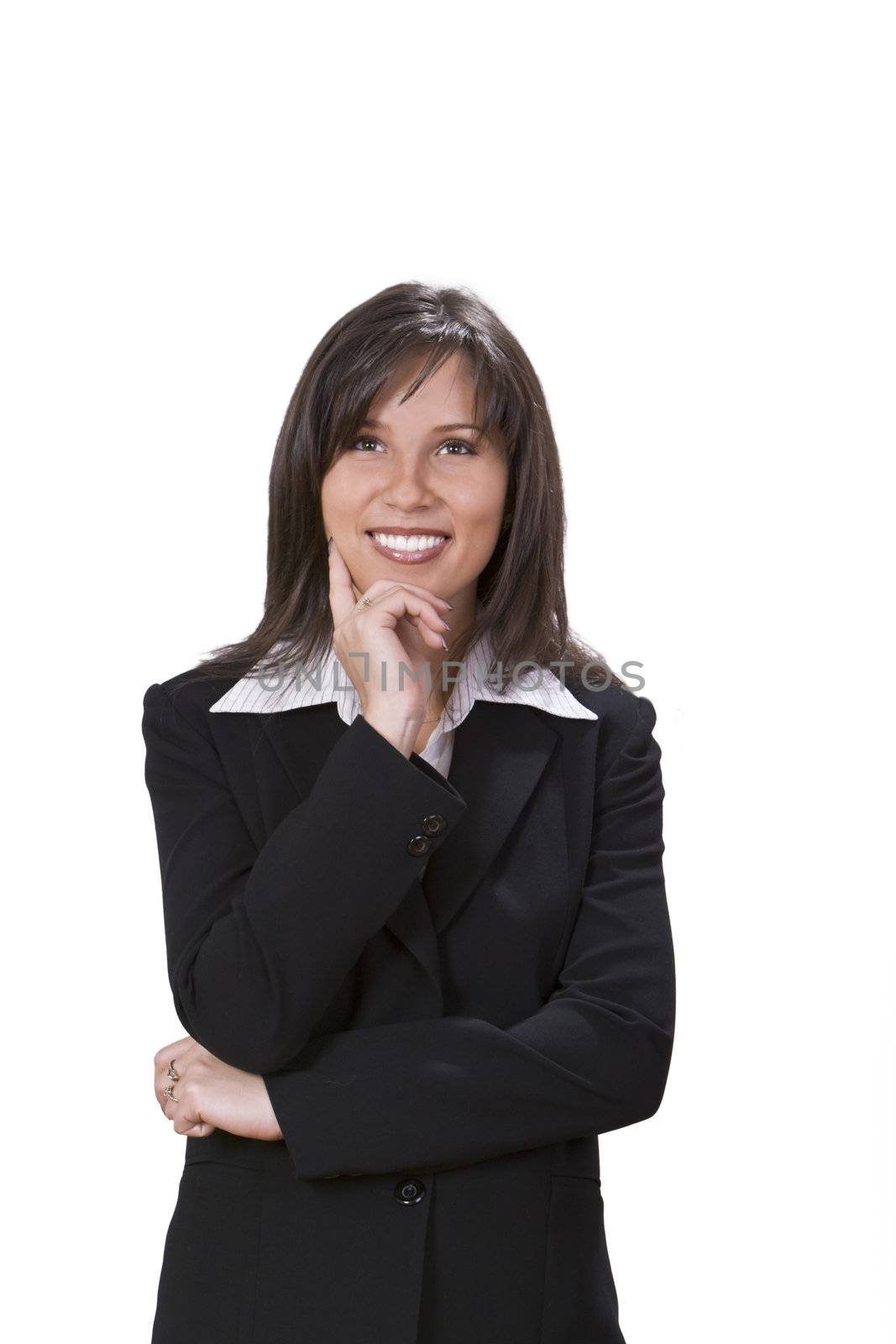 Smiling businesswoman against a white background.