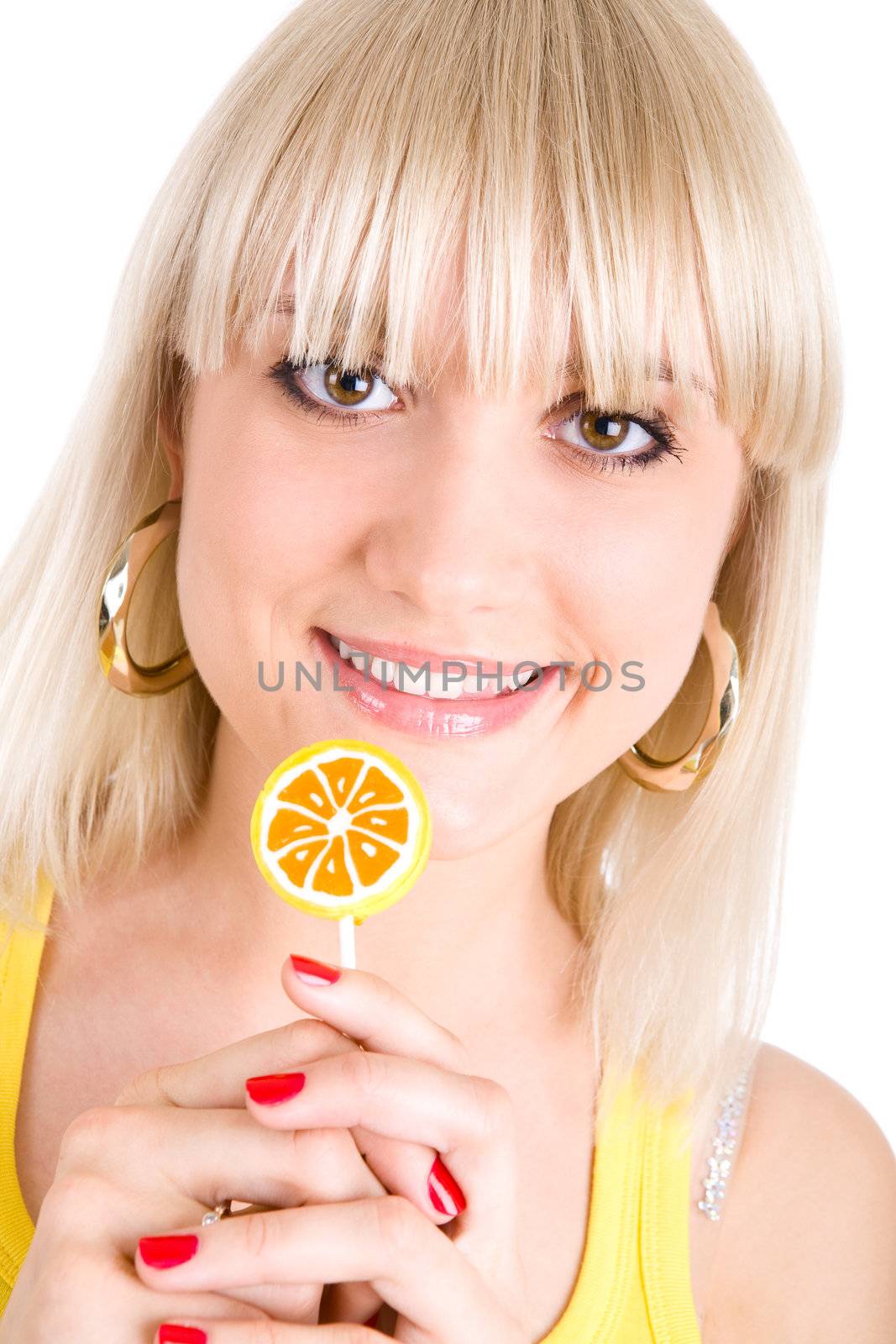 smiling girl with candy sweet in hand