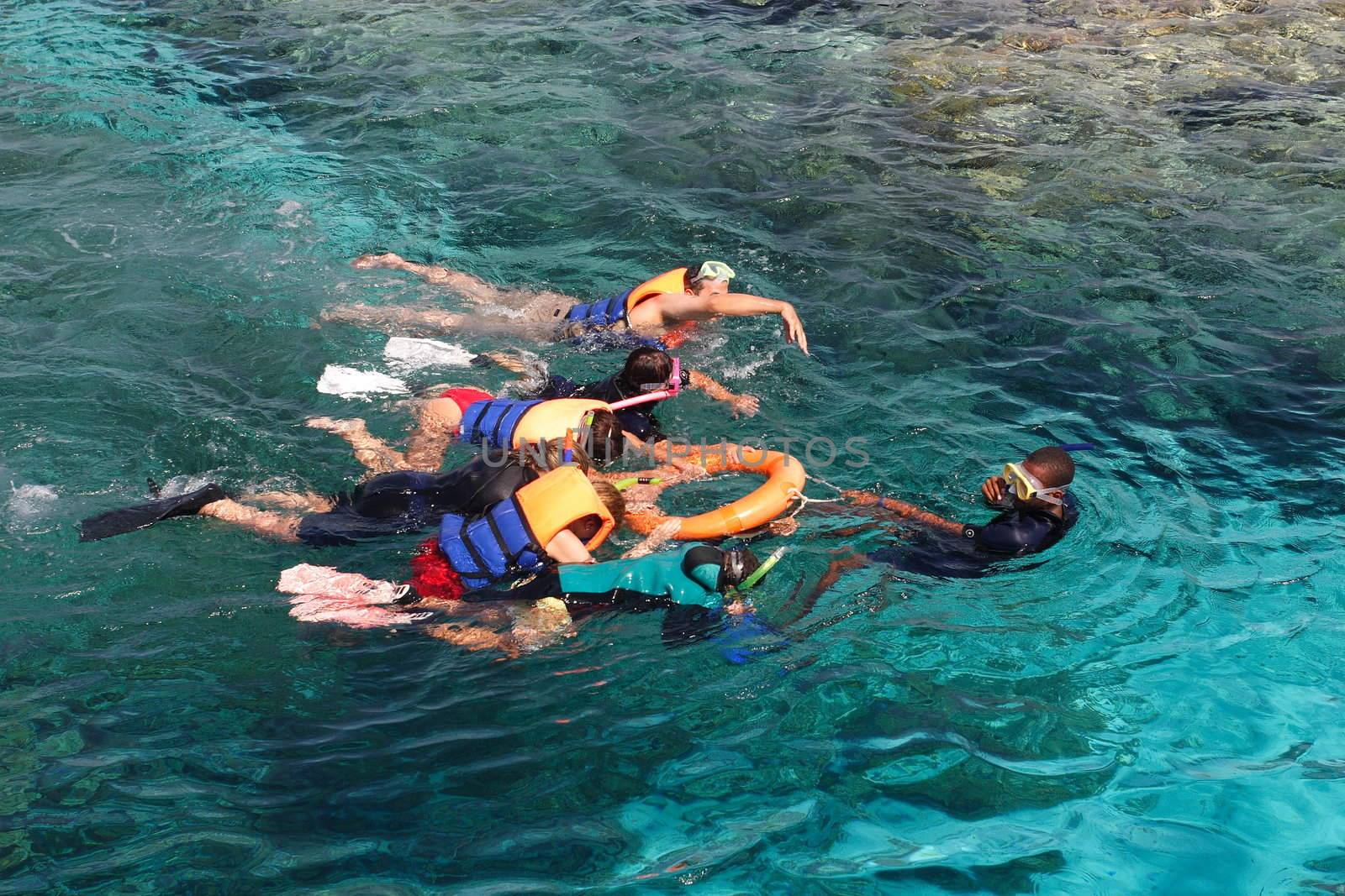 The group of people is engaged swimming in the sea with the instructor