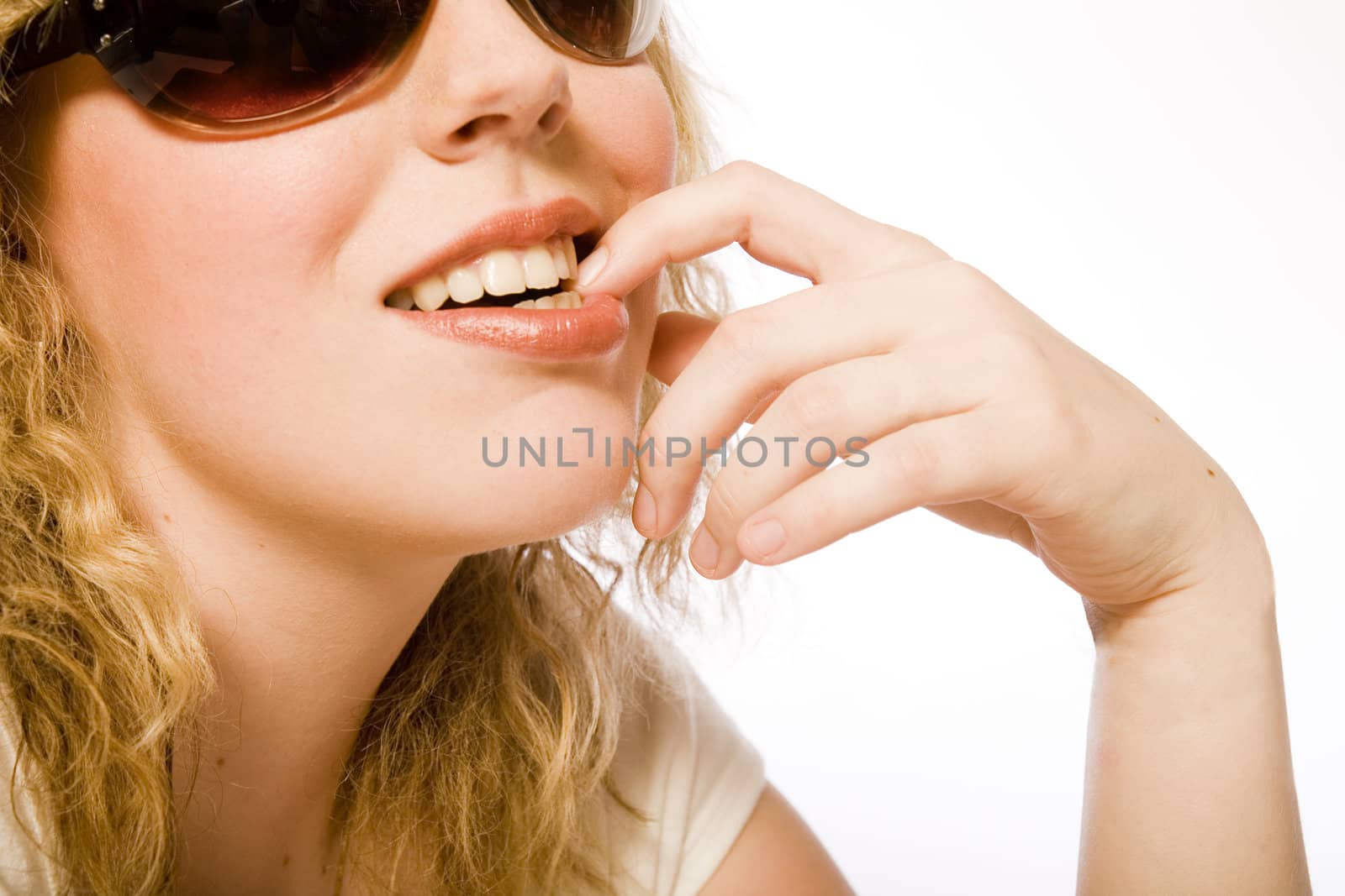 Girl with sunglasses chewing on her finger by DNFStyle