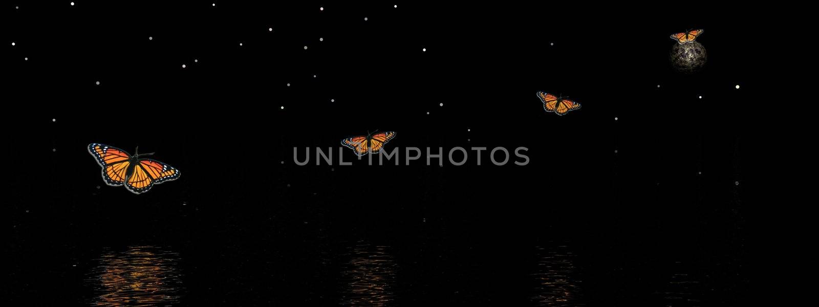 Colored butterflies flying to the moon over the ocean by dark night with stars