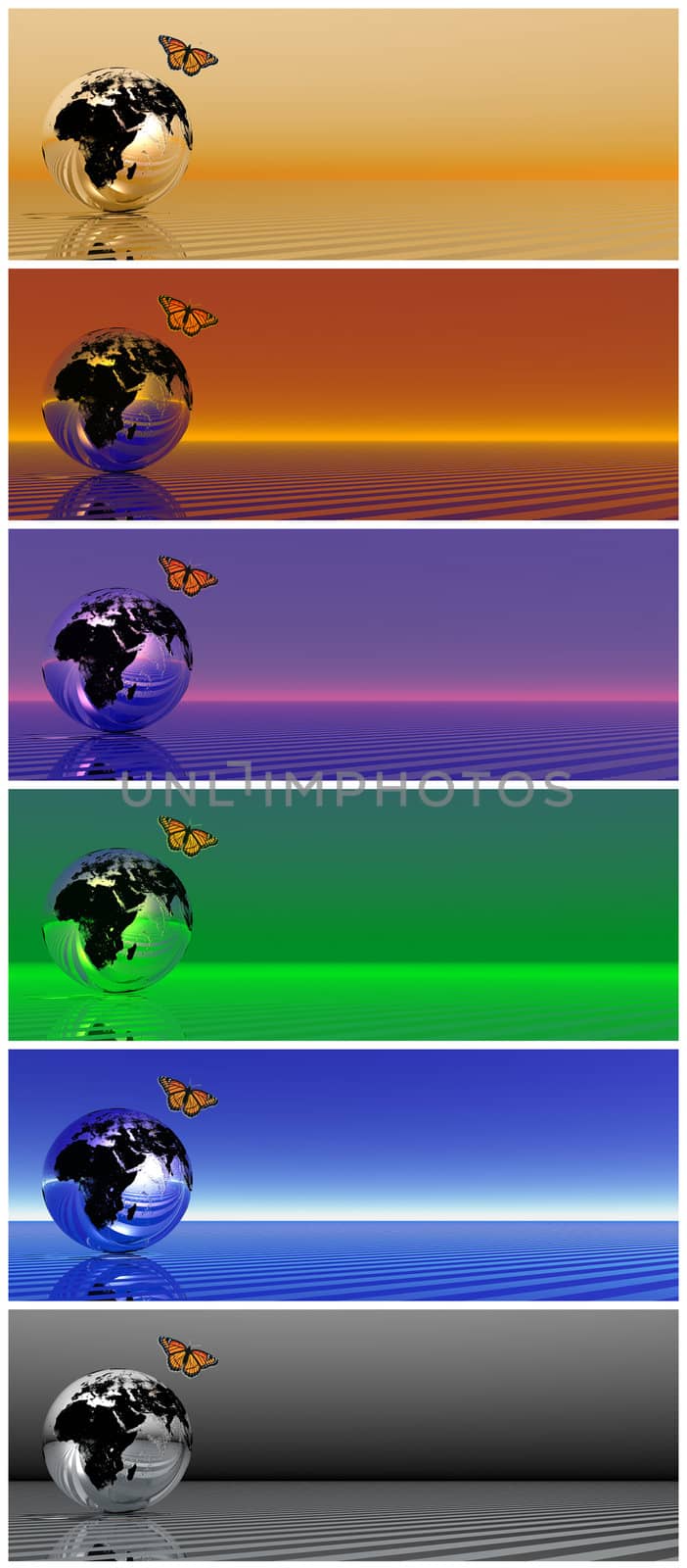 Set of red butterfly flying upon an earth in different background colors