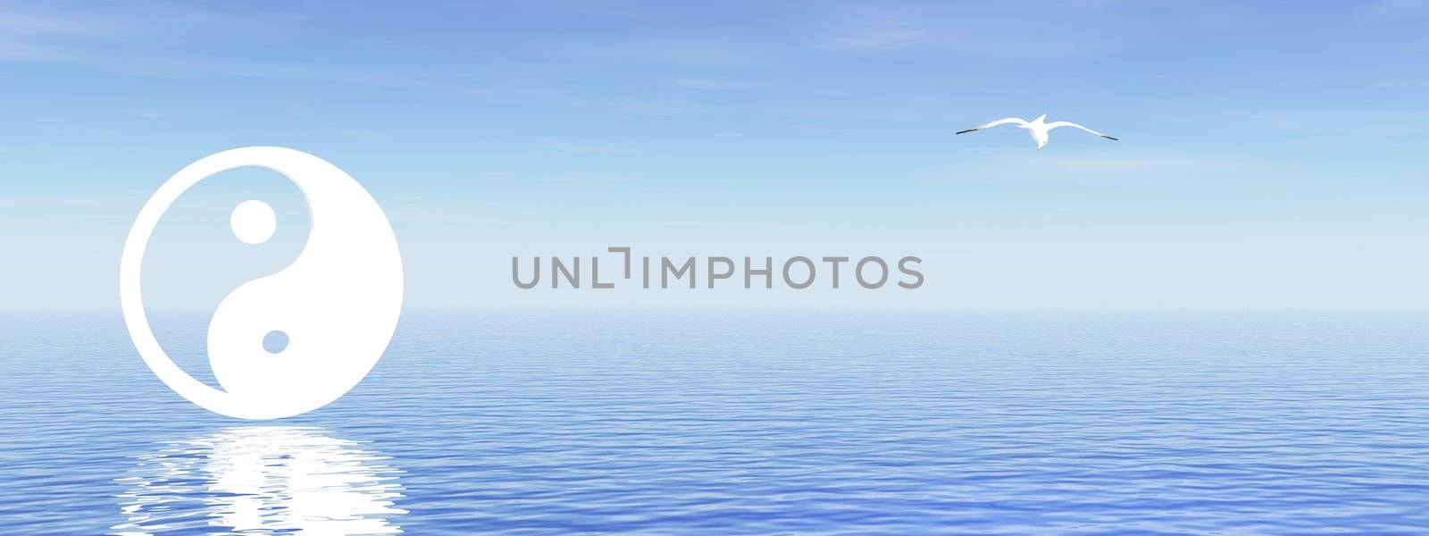 White yin and yang symbol and a seagull in a blue background with ocean