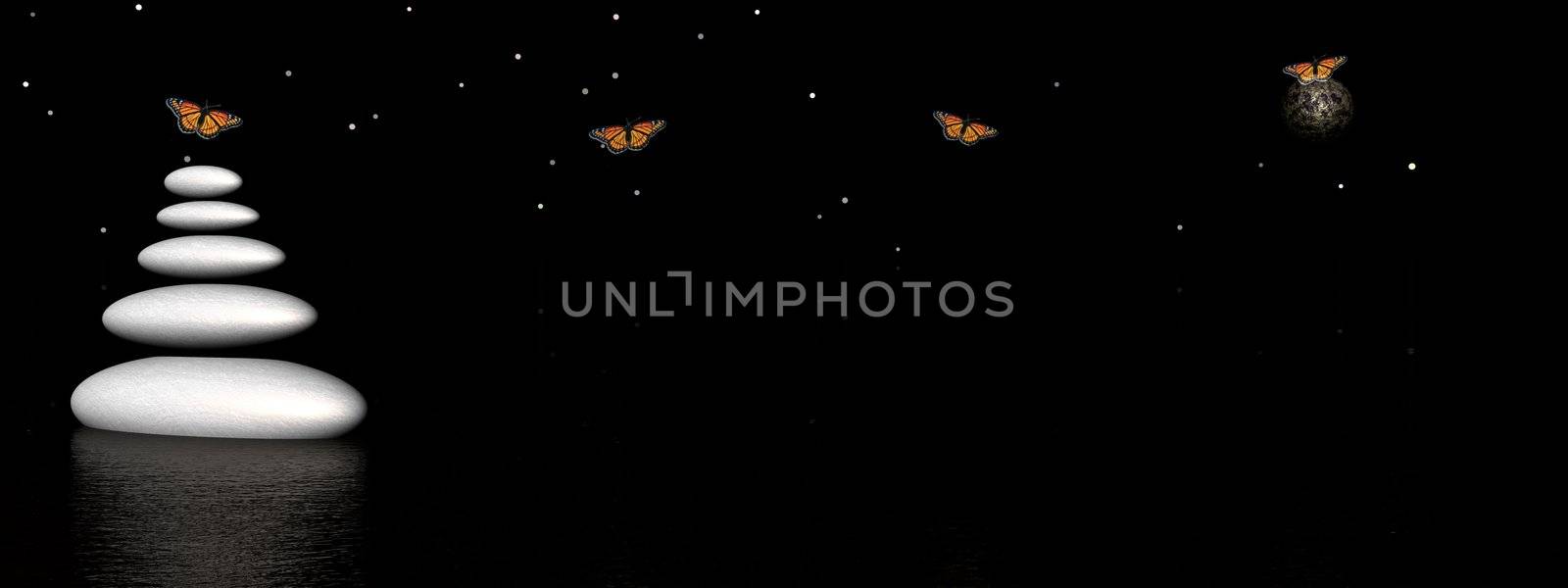 Zen stones and butterflies by night by Elenaphotos21