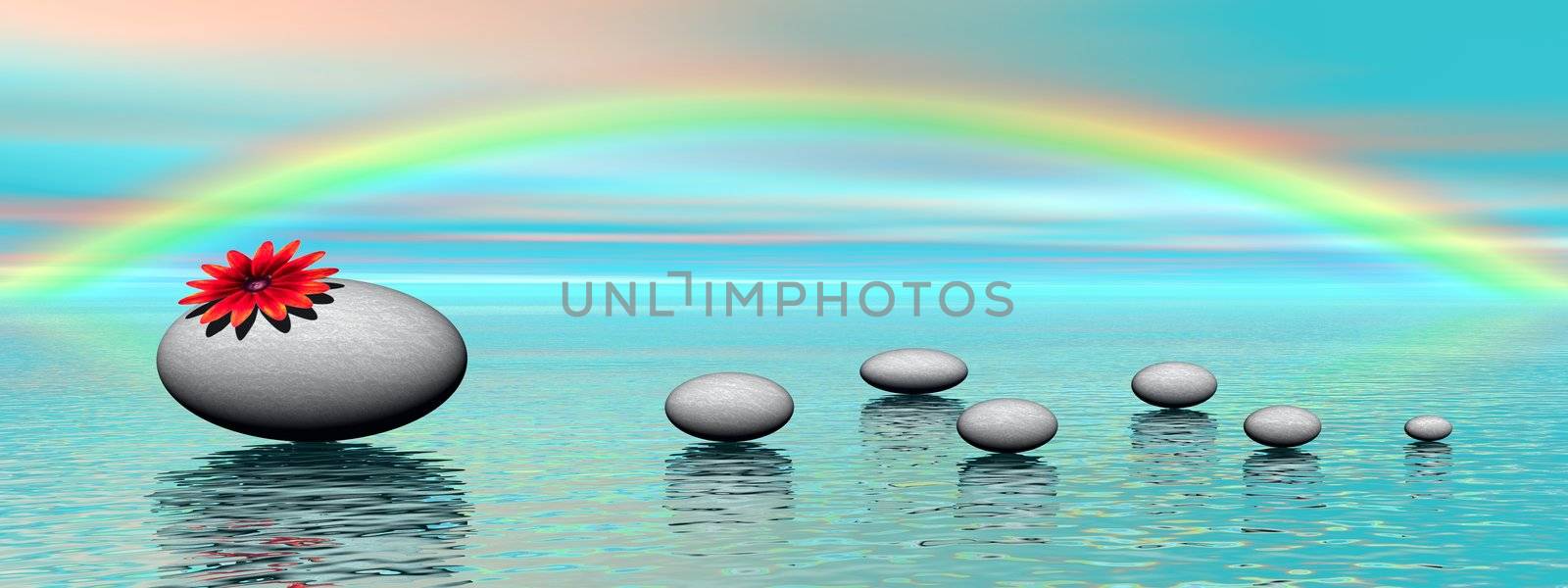 A big grey stones with a beautiful red flower on it and small pebbles upon ocean and with colored sky with rainbow