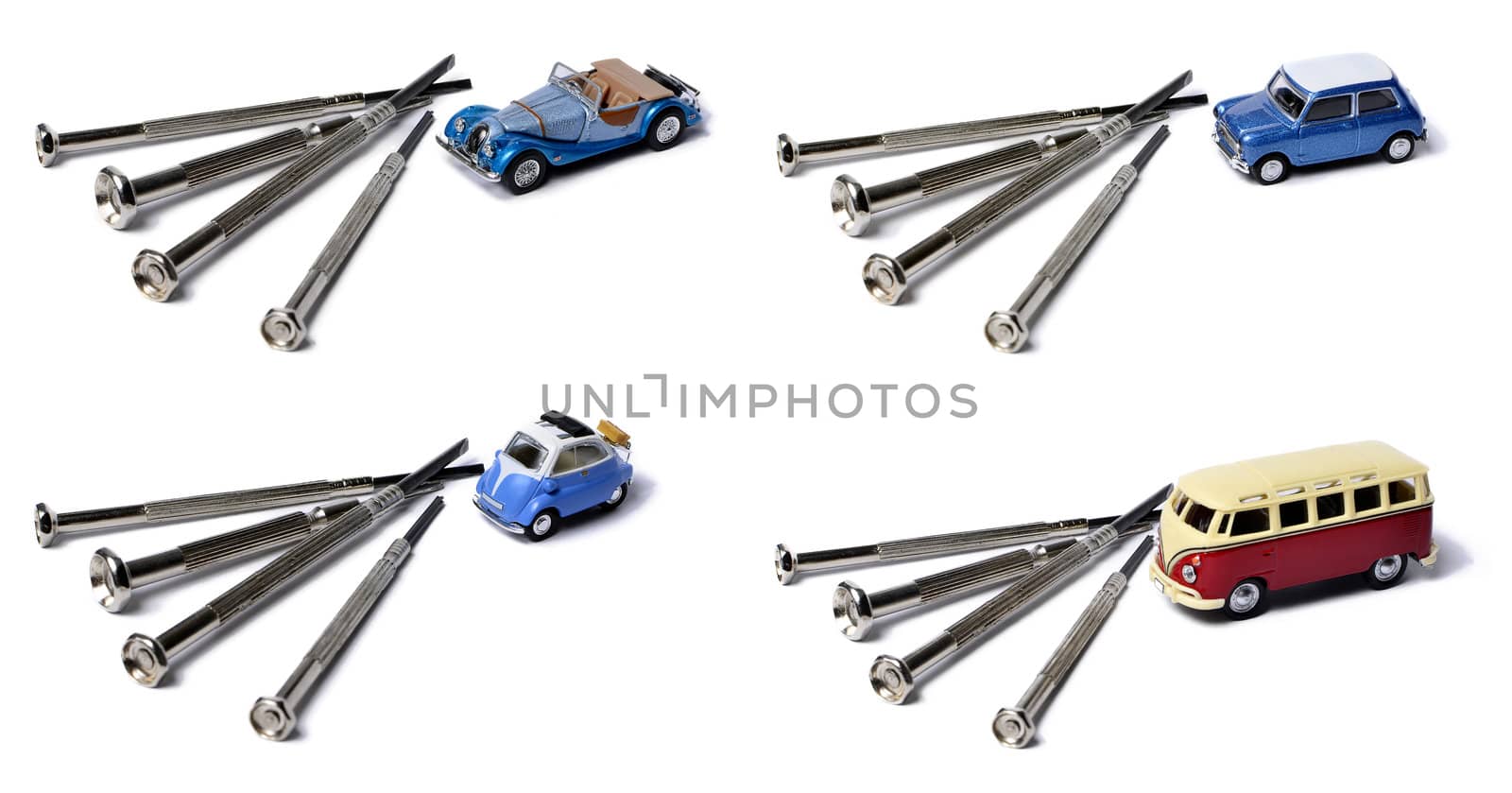 miniature car and a screwdrivers isolated on white, collage of four