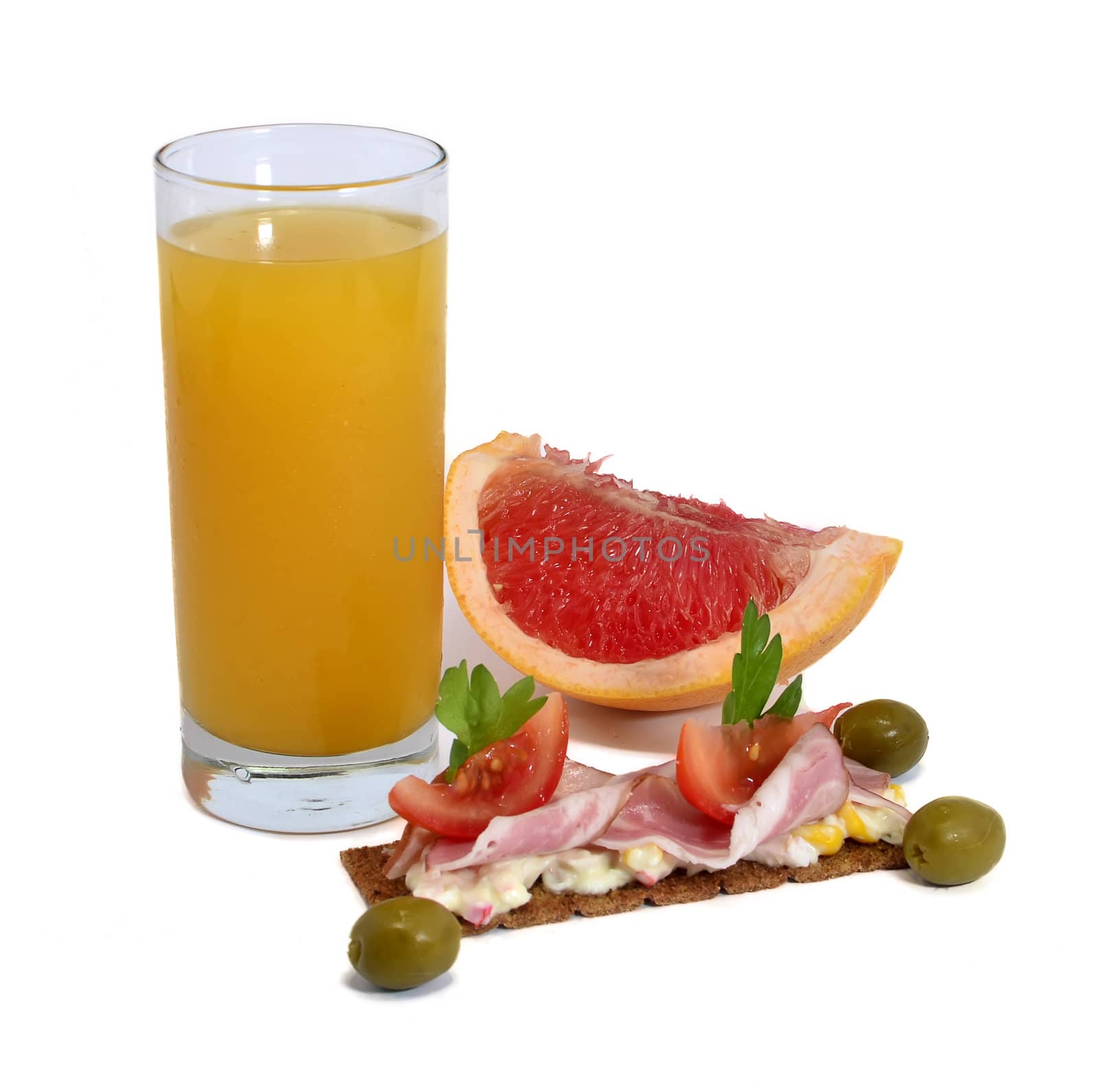glass of orange juice, snack and grapefruit isolated on white