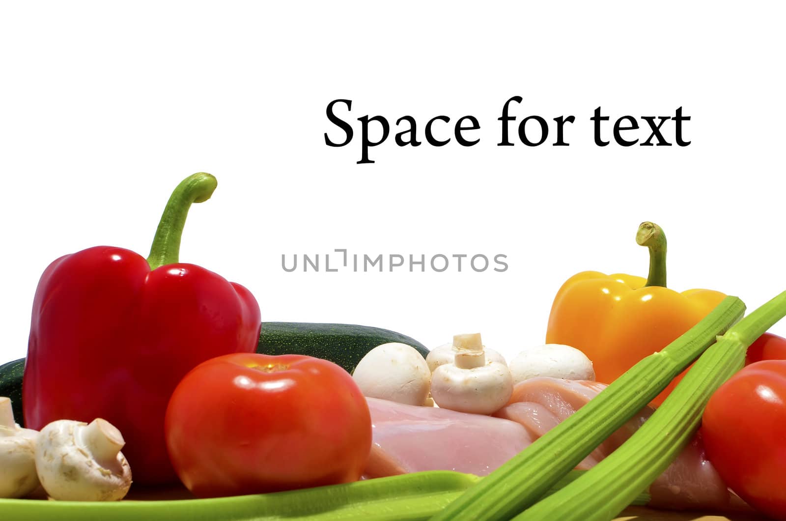 chicken, knife and vegetables on a cutting board, isolated on white, space for text