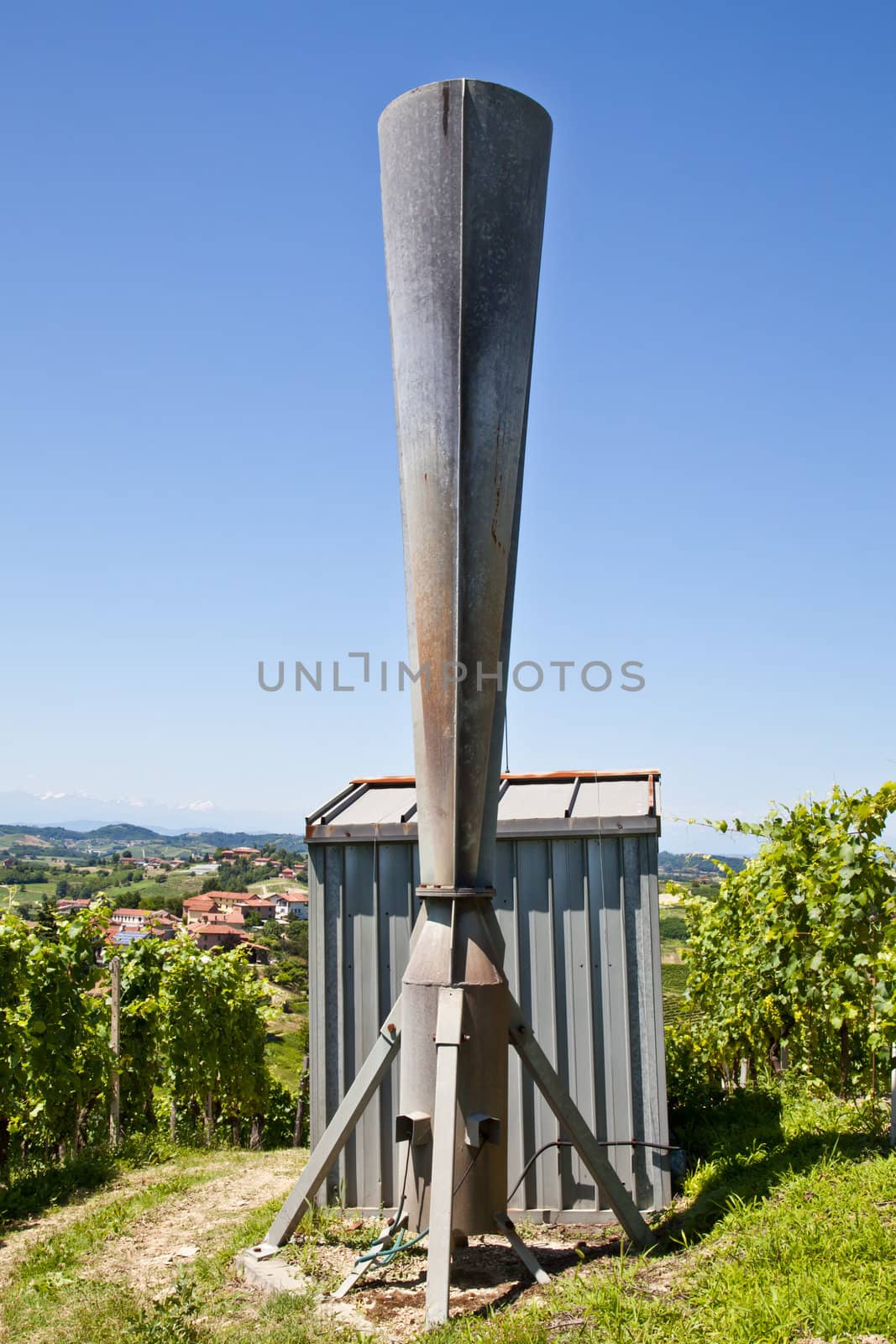 Hail cannon in Italian vineyard, Monferrato and Langhe area, Piemonte region.