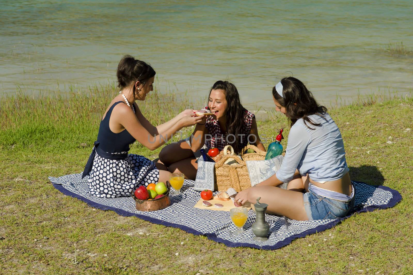 Girls  enjoying a classic  picnic  in a scenic setting