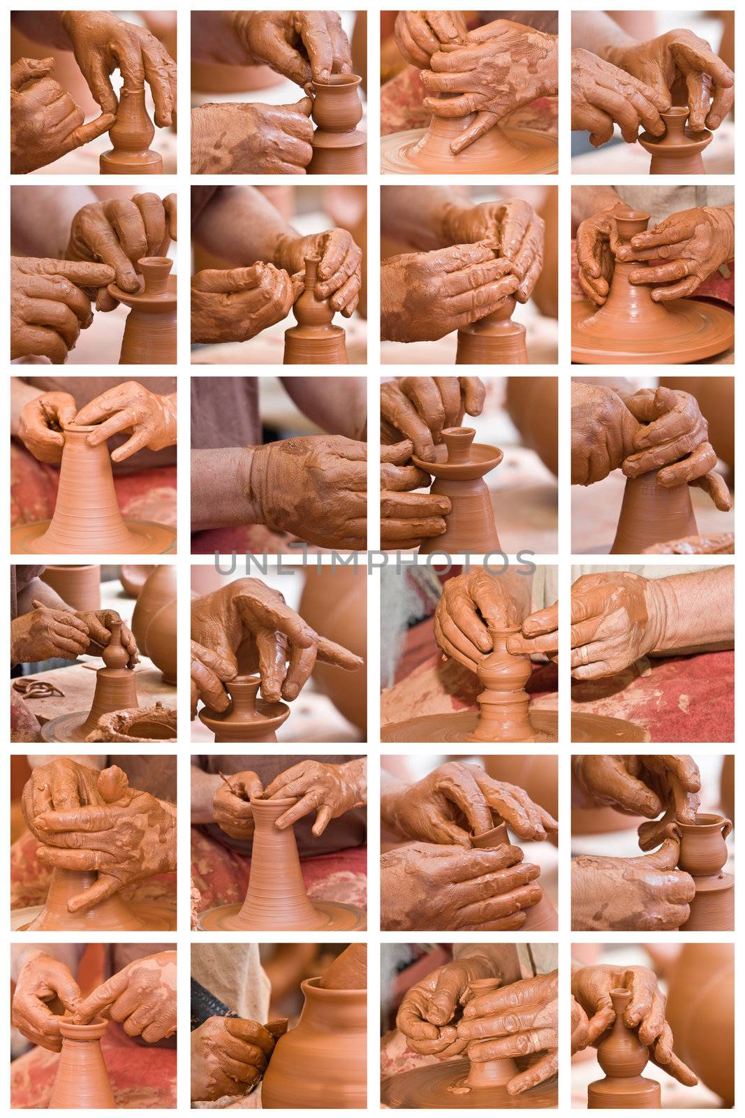 Collage made of photos about potter hands working with clay.