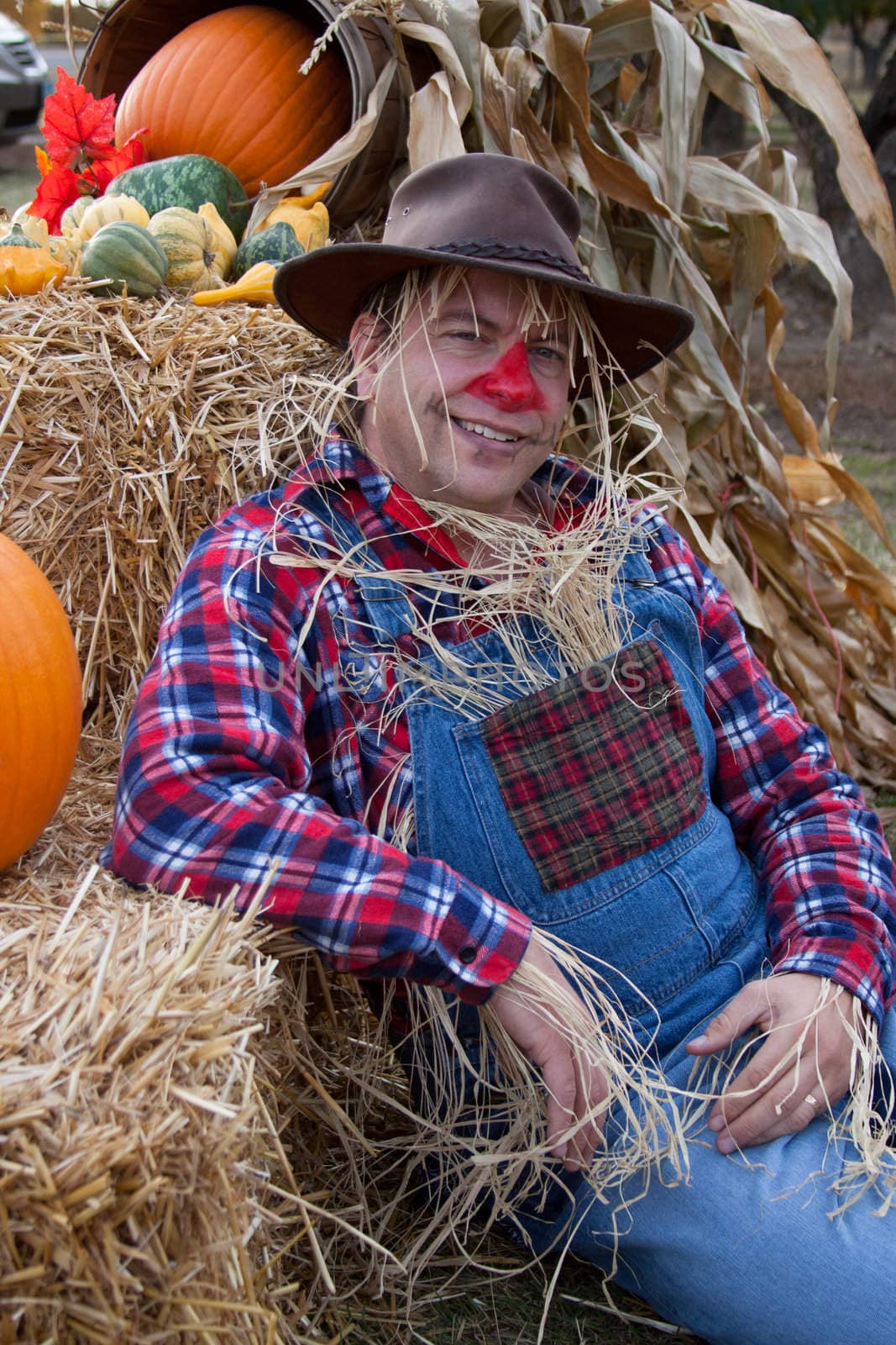 smiling and happy scarecrow sitting up against hay bales.