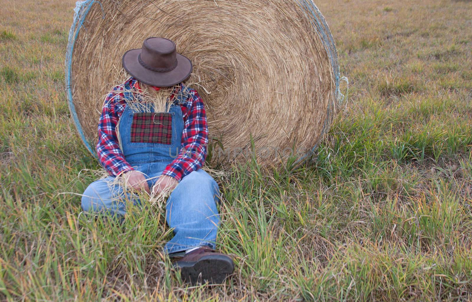 Scarecrow is sleeping on the job while leaning up against a hay bale.