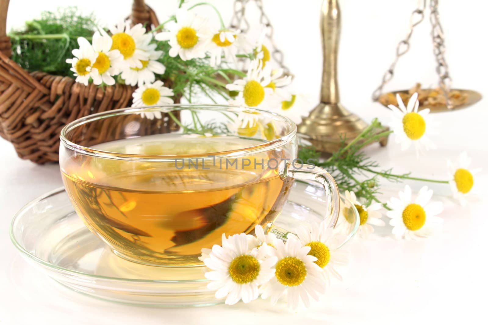 a cup of chamomile tea with fresh flowers