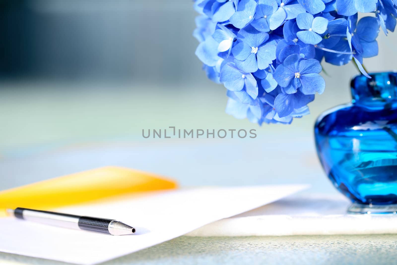Blue hydrangea flower next to pen and stationery, in a calm yell by jarenwicklund