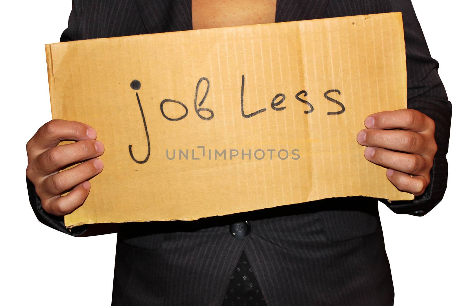 A jobless woman holding a sign saying "jobless" isolated on a white background