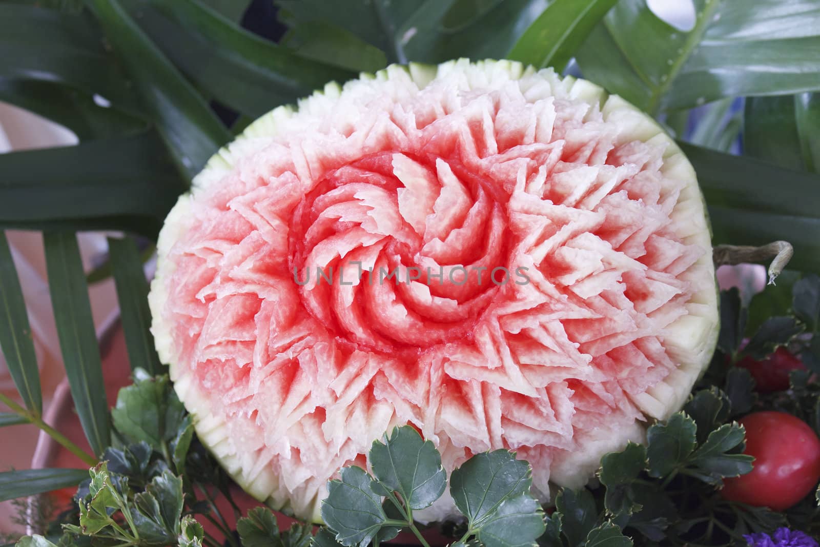 Thai art of carved watermelon like a flower