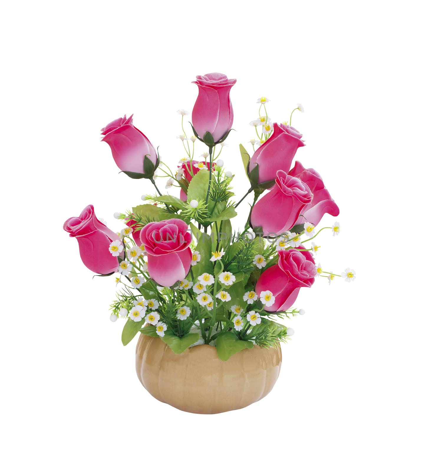 Vase of pink roses isolated on white background