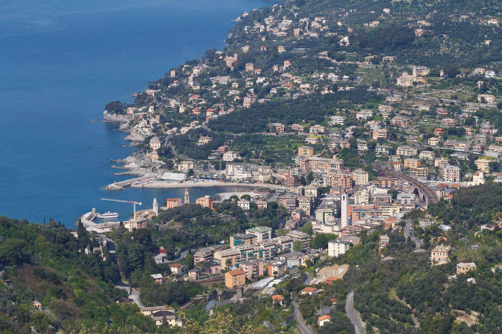 aerial view of Recco, small town in mediterranean sea, Italy