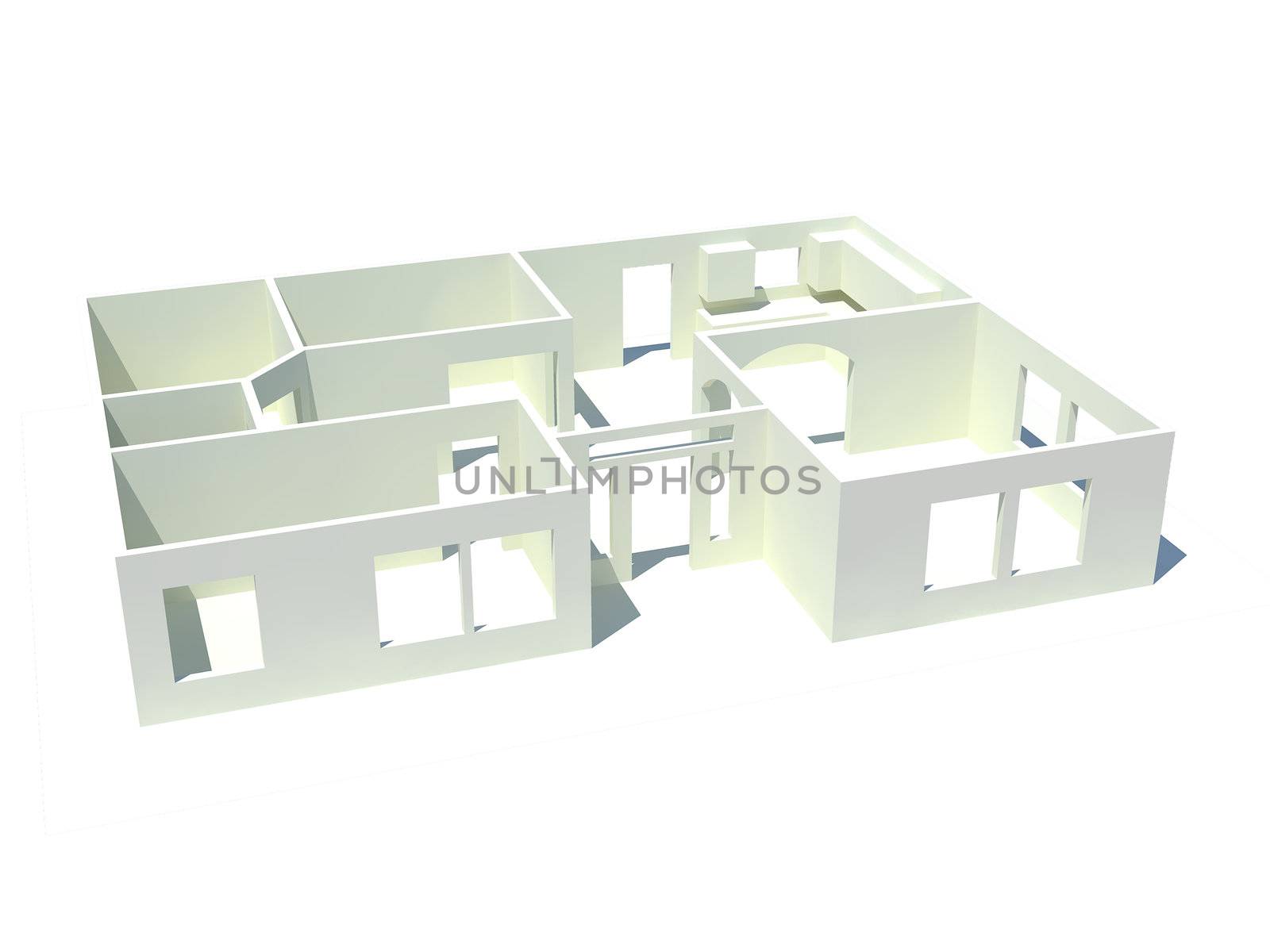 A modern one-story house rendered in 3d in all white