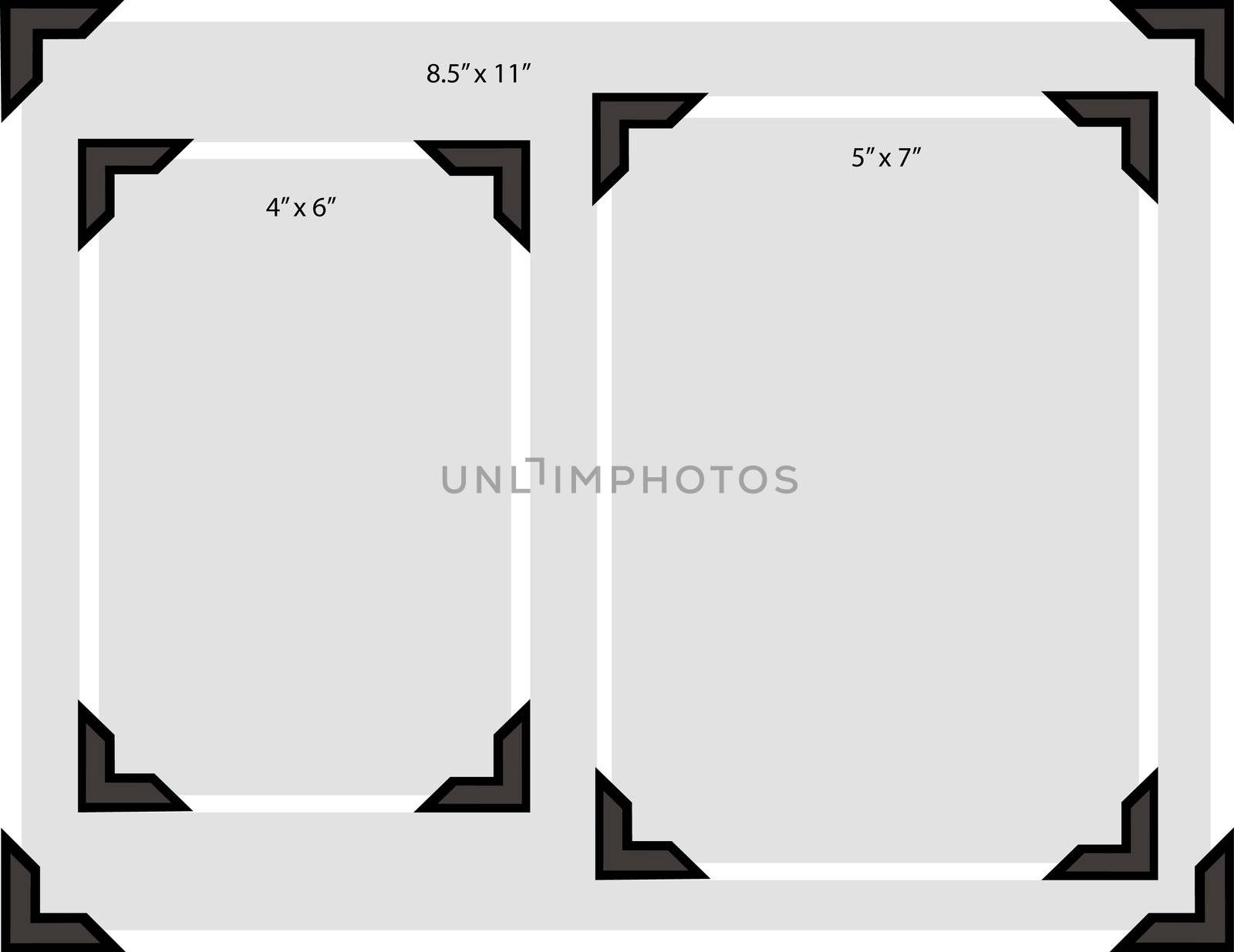 Illustration of a blank photo in three typical sizes with old-fashioned photo corners