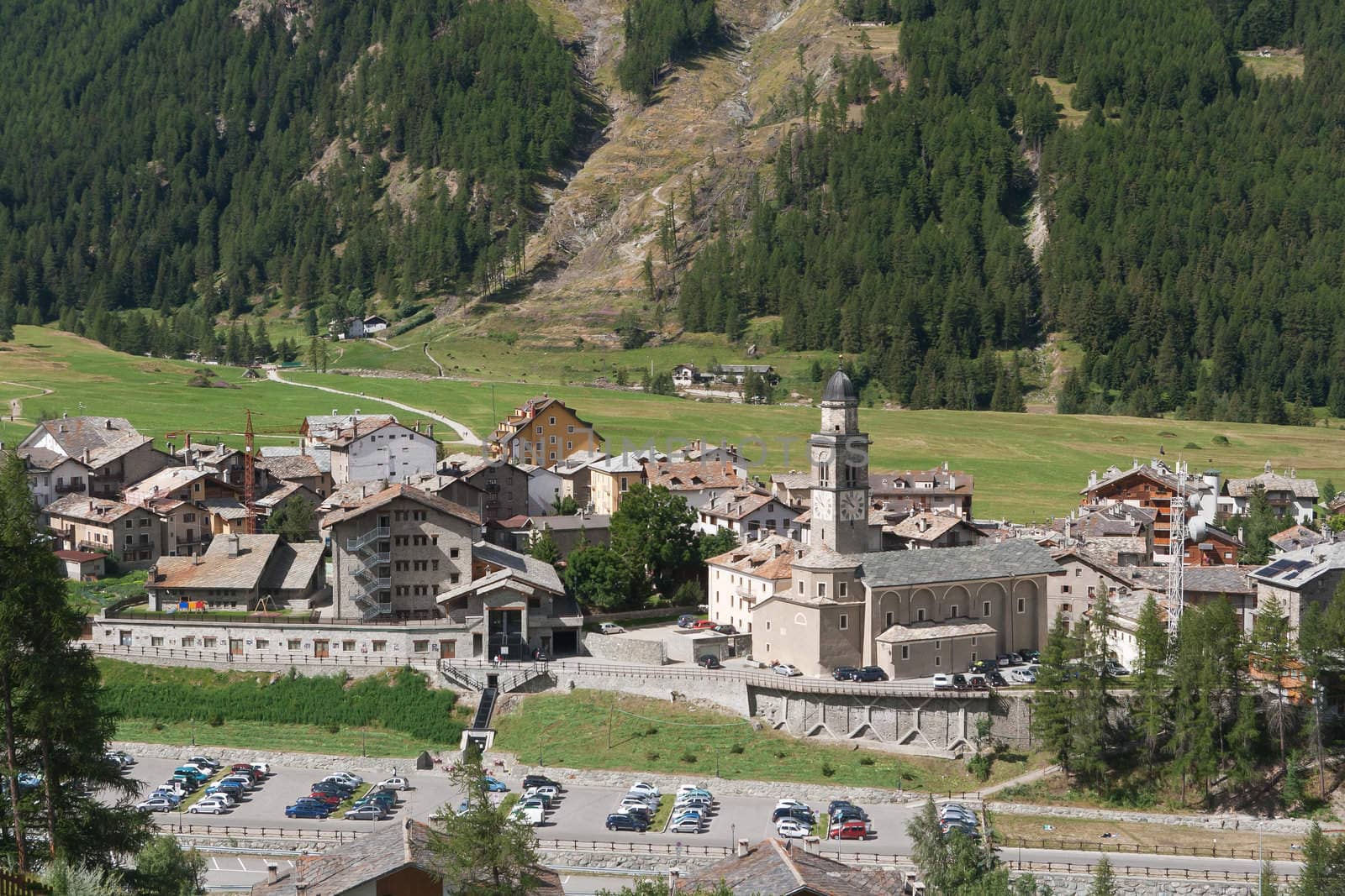 aerial view of Cogne, small town in Aosta Valley, Italy