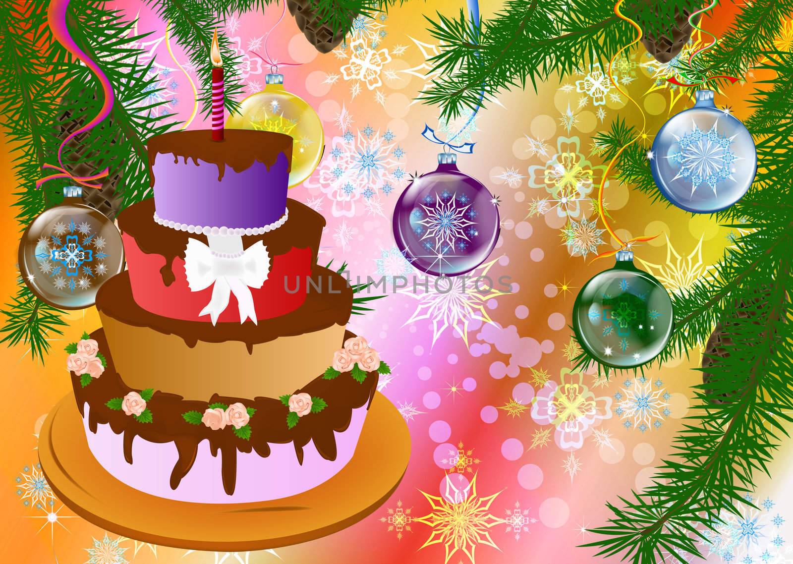 New Year's appetizing celebratory pie on a abstract background with space for placing of your text