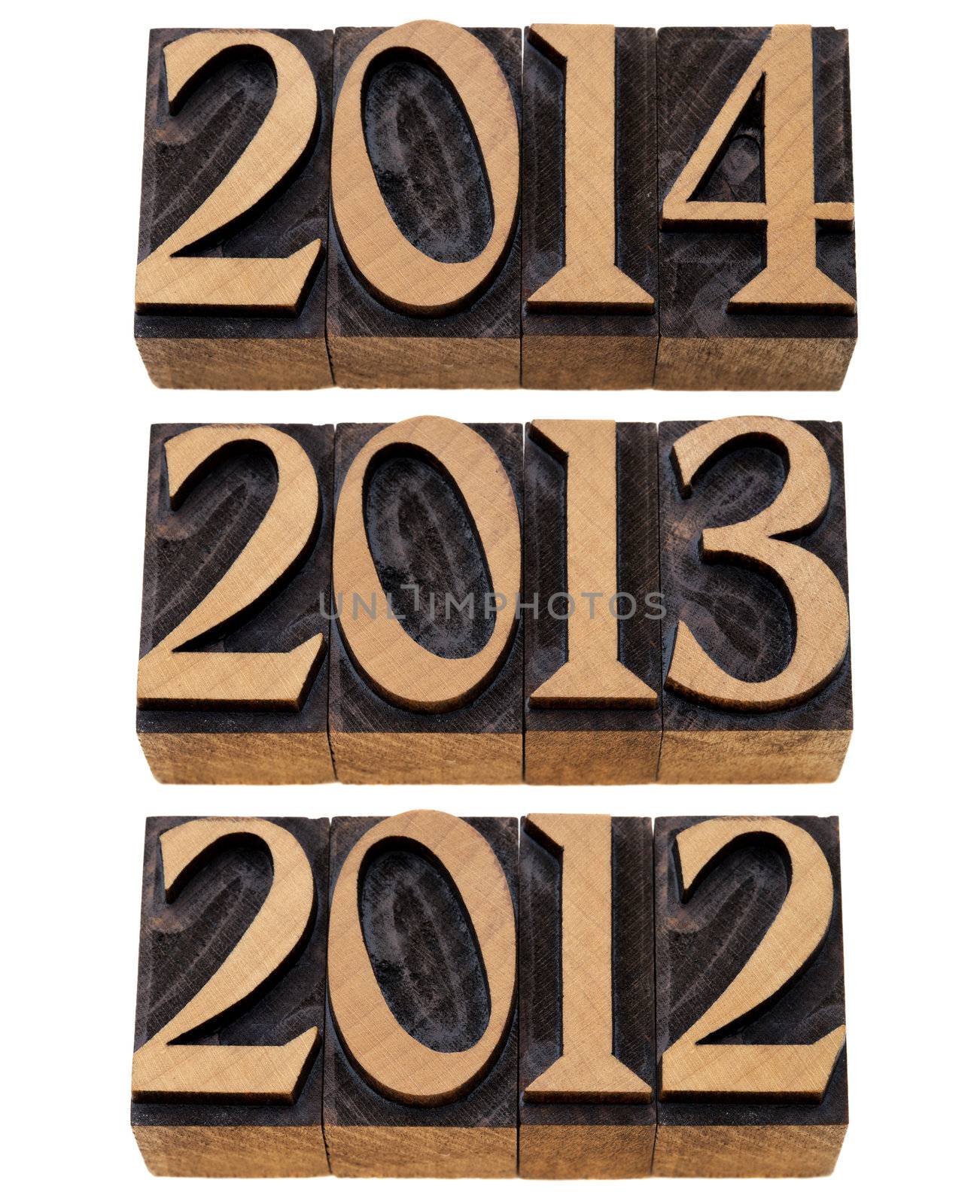 incoming years 2012, 2013, 2014 - isolated numbers in vintage wood printing blocks