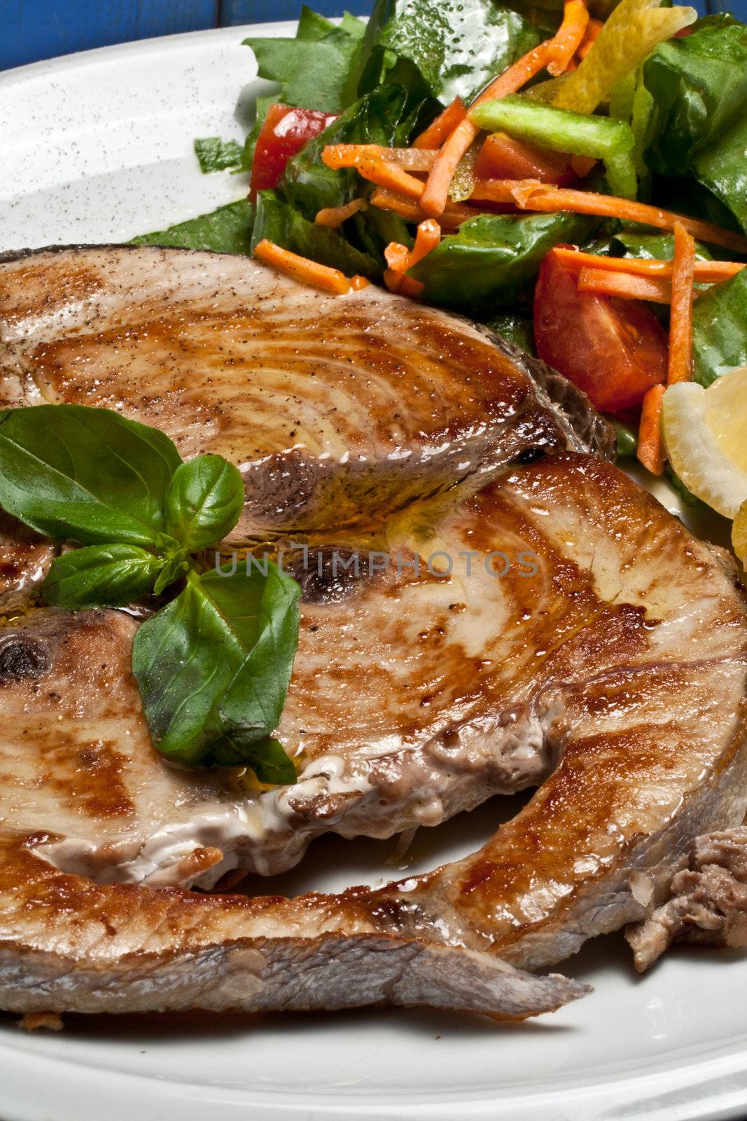 cooked swordfish served with salad and lemon