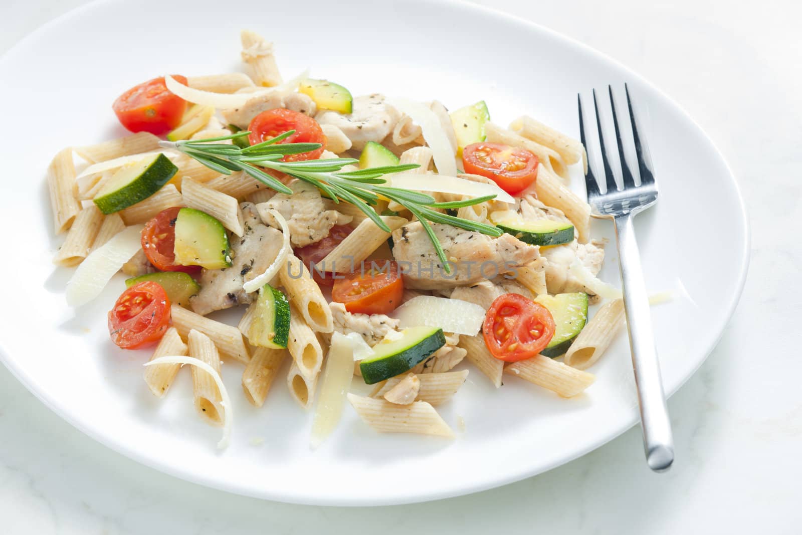 pasta penne with turkey meat and vegetables