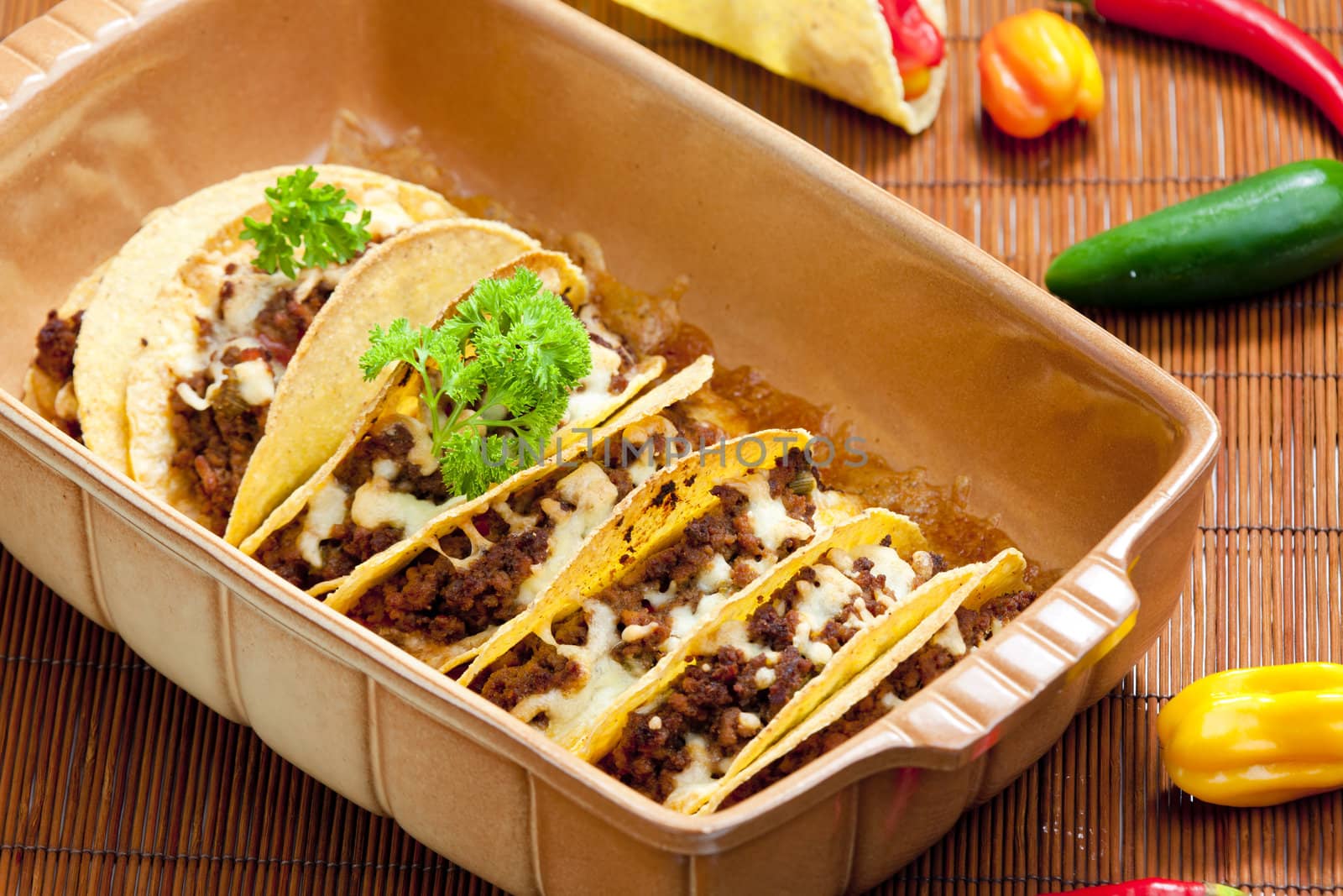 baked tacos with minced meat and cheese by phbcz