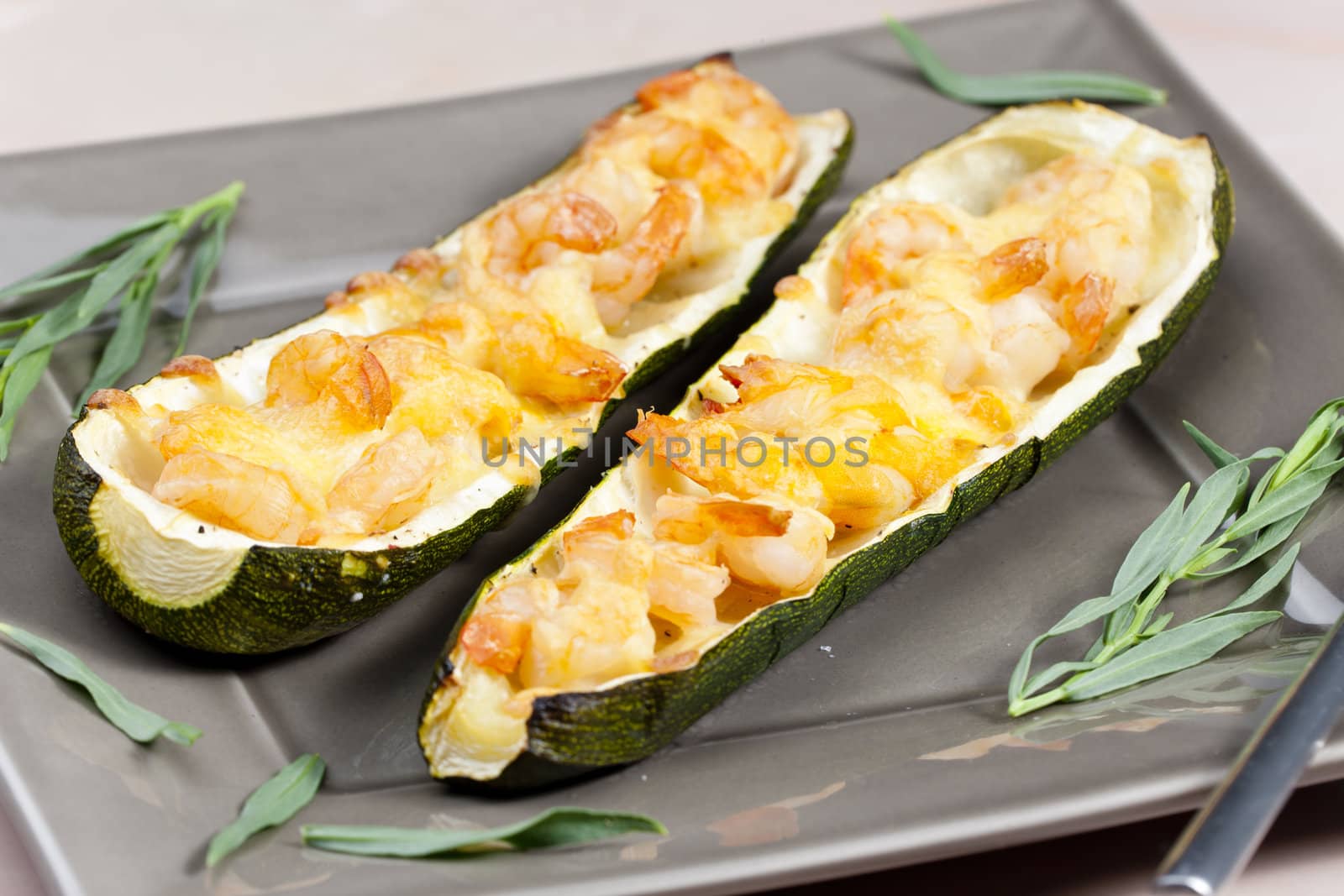 baked prawns on zucchini