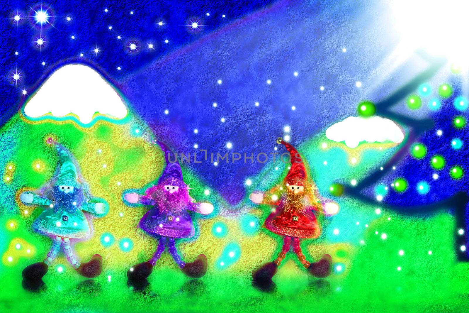 three santa's elves, a landscape painted in child
