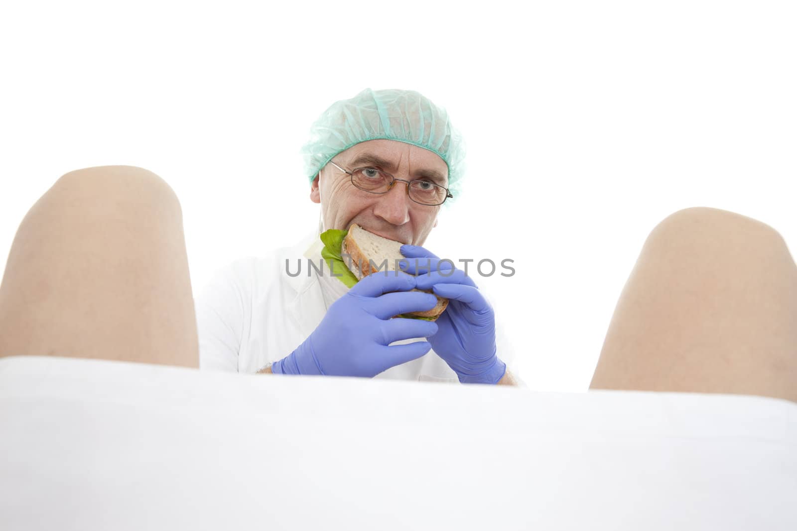 obstetrician in expectation on childbirth on white background