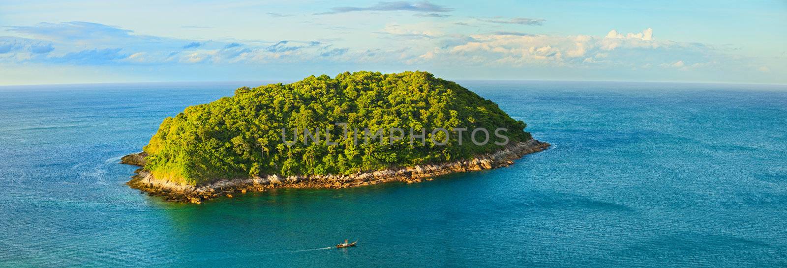A large tropical island with a bird's-eye view