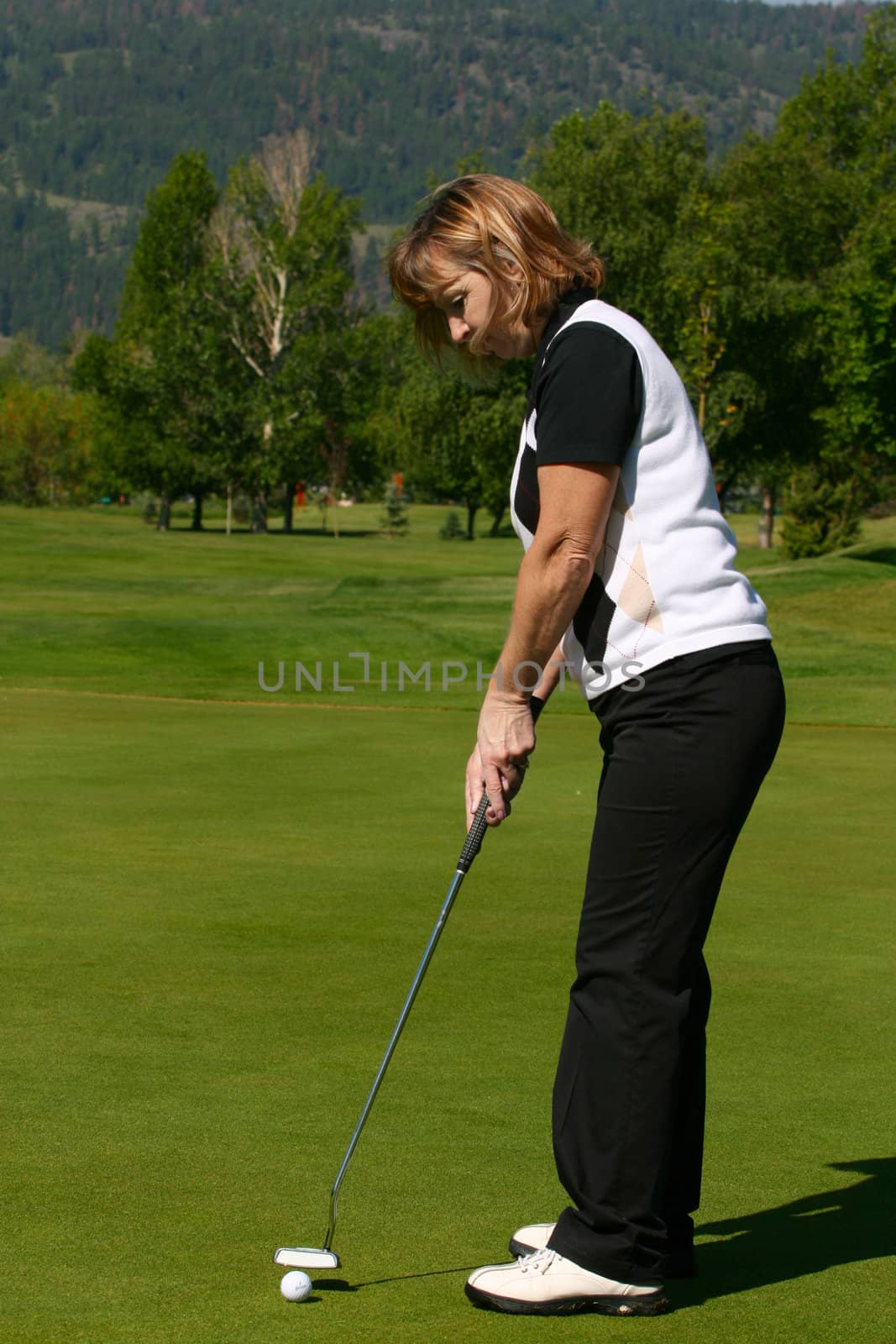 Adult female golfer putting on the green