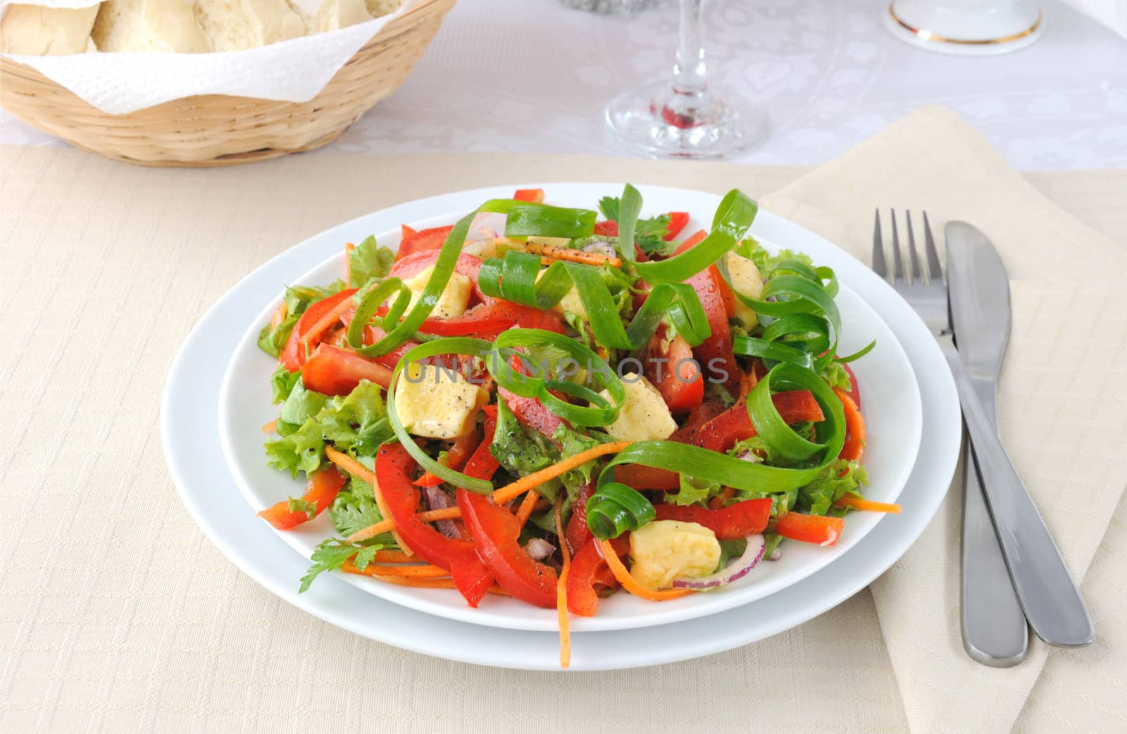 Summer vegetable salad with grilled cheese and onion in a serpentine