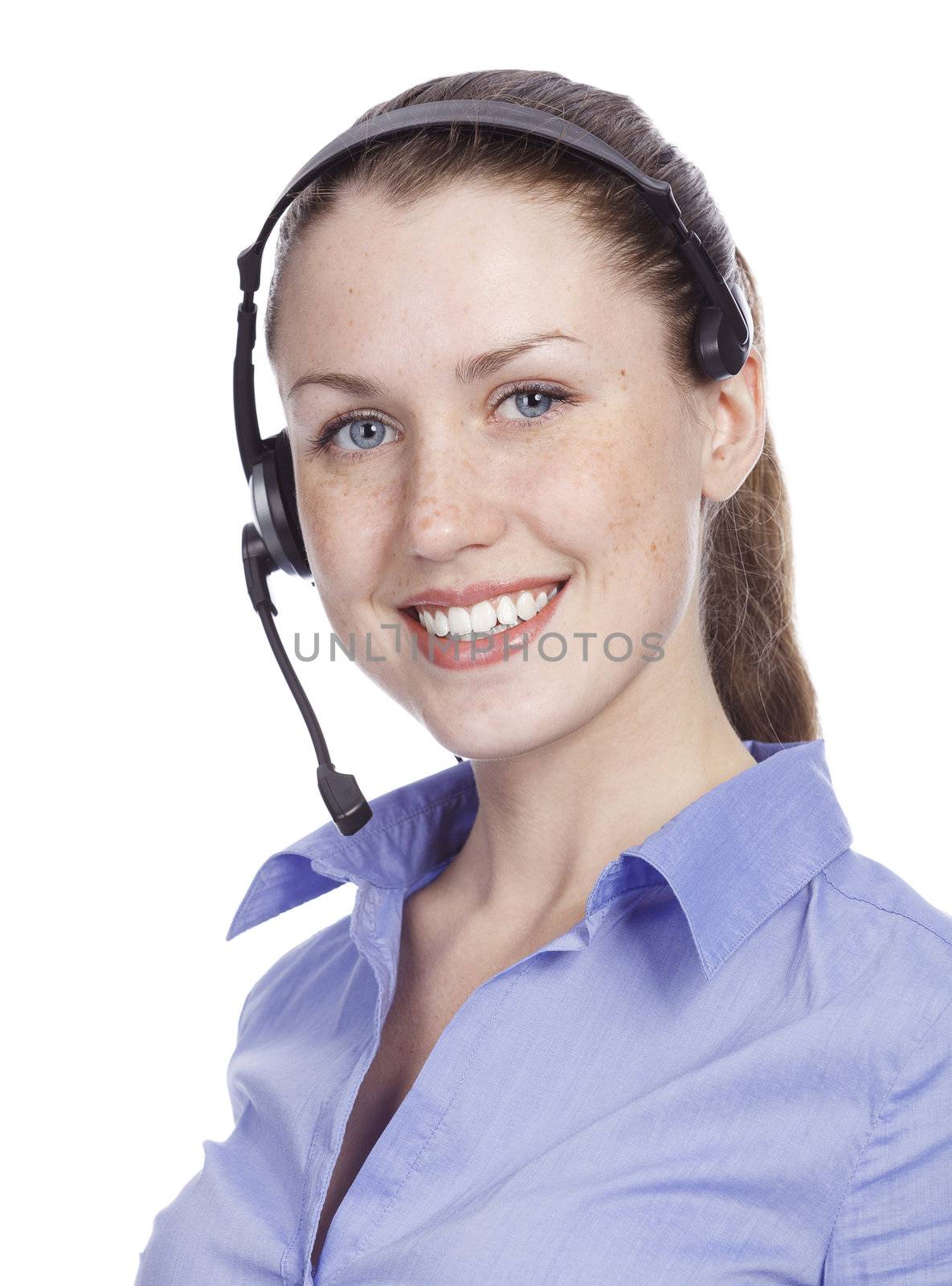 smiling cheerful support phone operator, isolated on white background