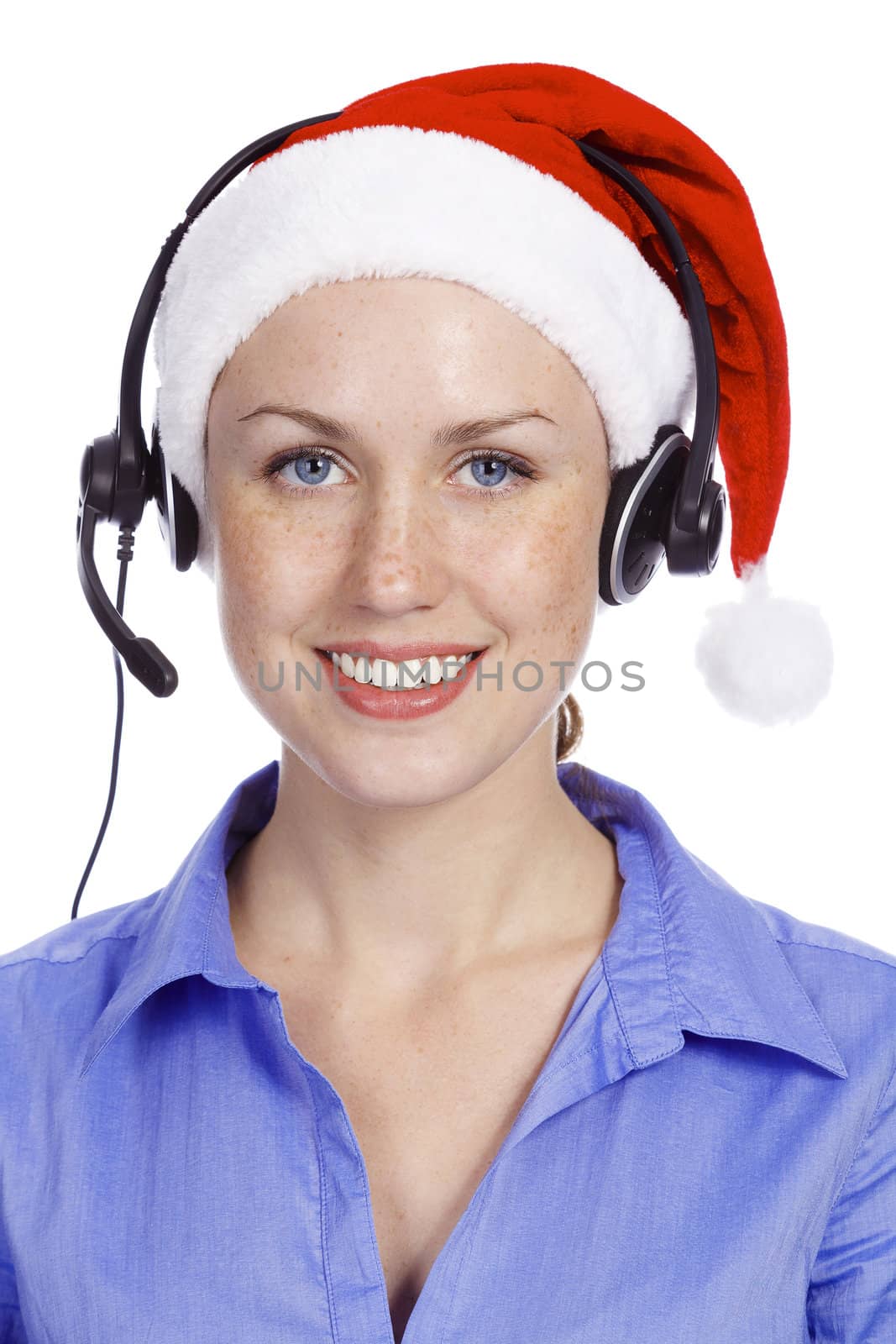 Christmas operator woman, isolated on white background