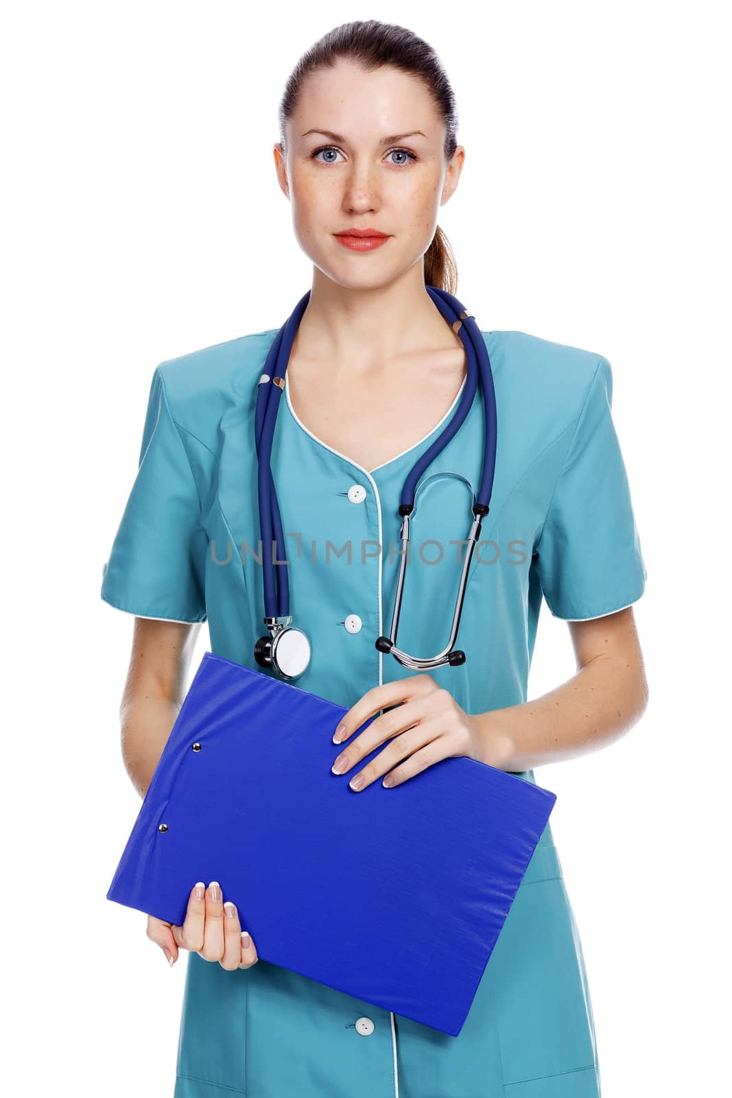 Pretty female doctor or nurse with clipboard