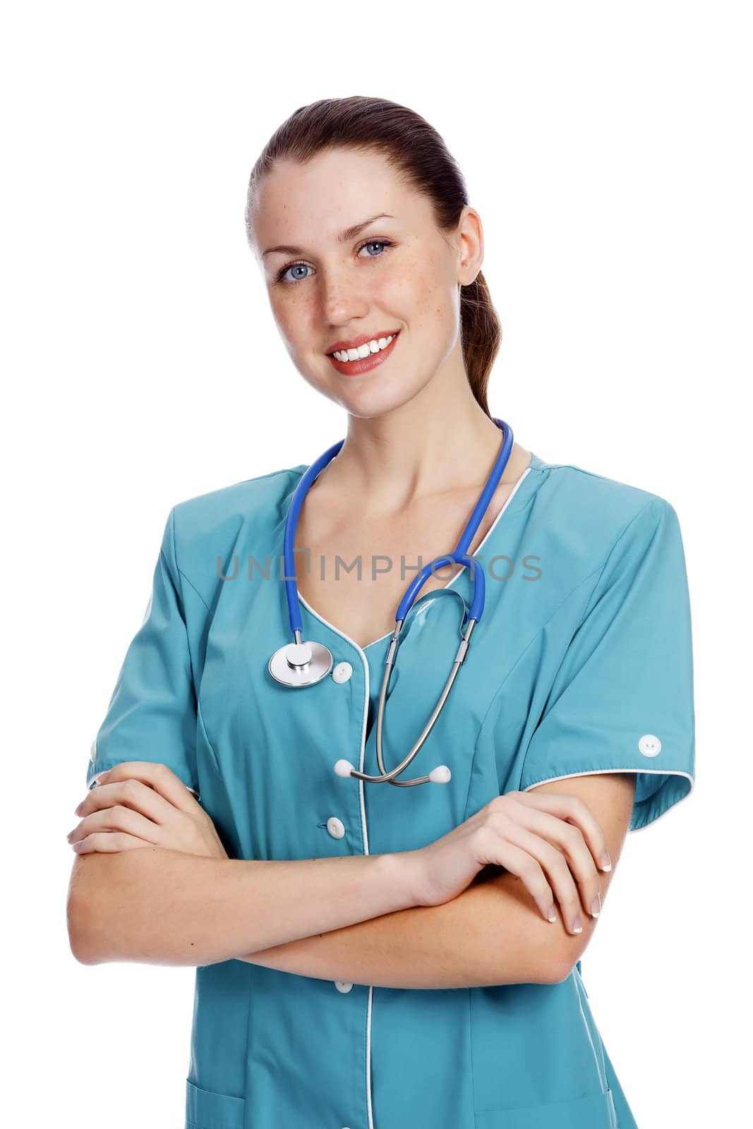 Portrait of a smiling doctor with a stethoscope, isolated over a white background