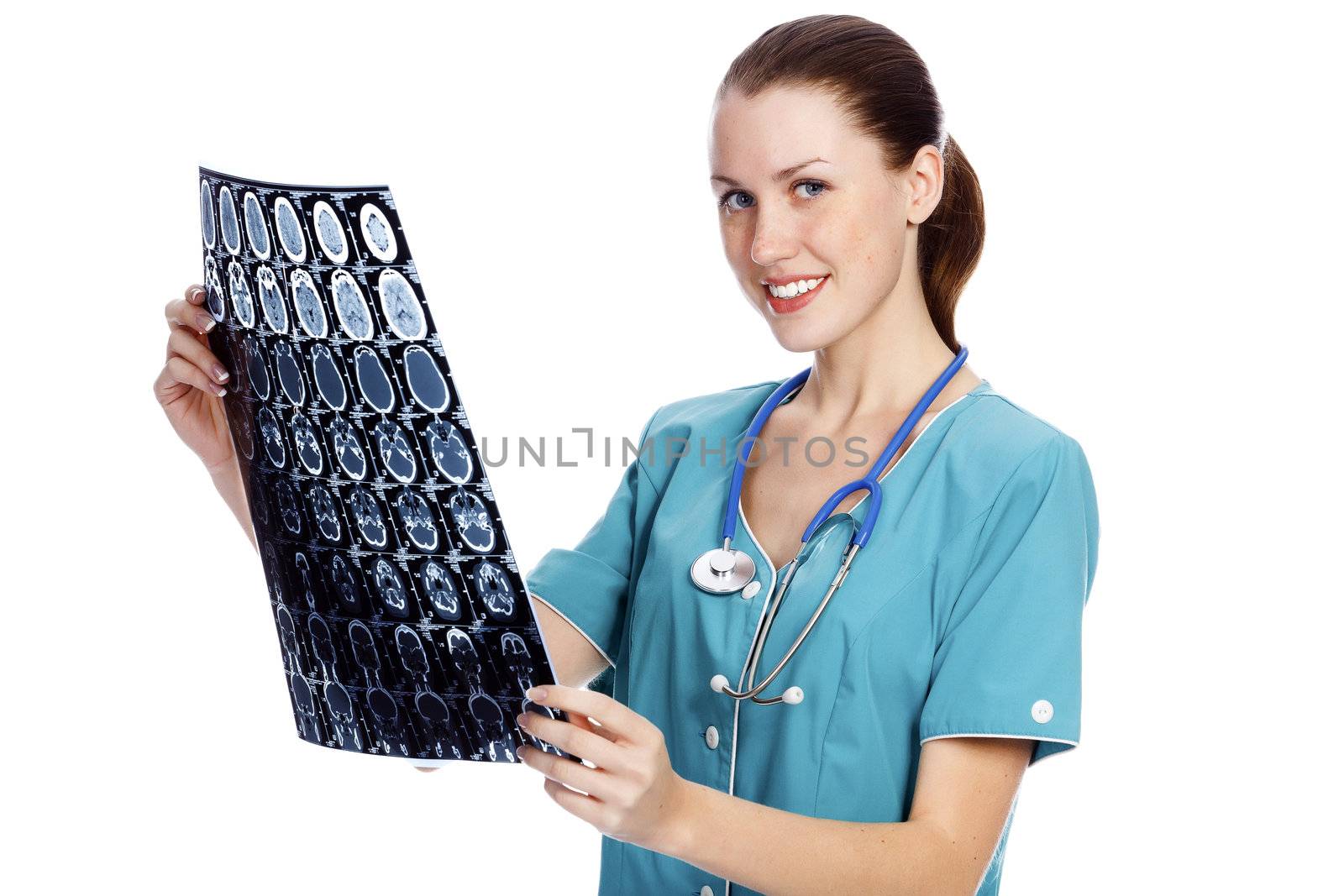 Young female doctor checking MR. Isolated over a white background
