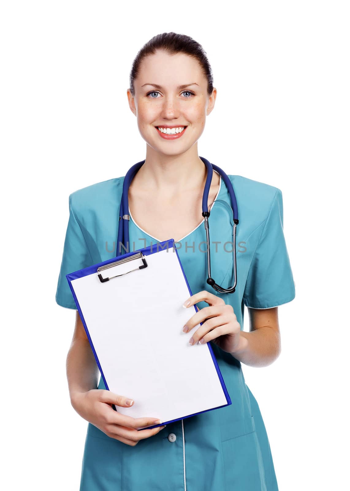 Pretty female doctor or nurse with clipboard. Isolated over a white background