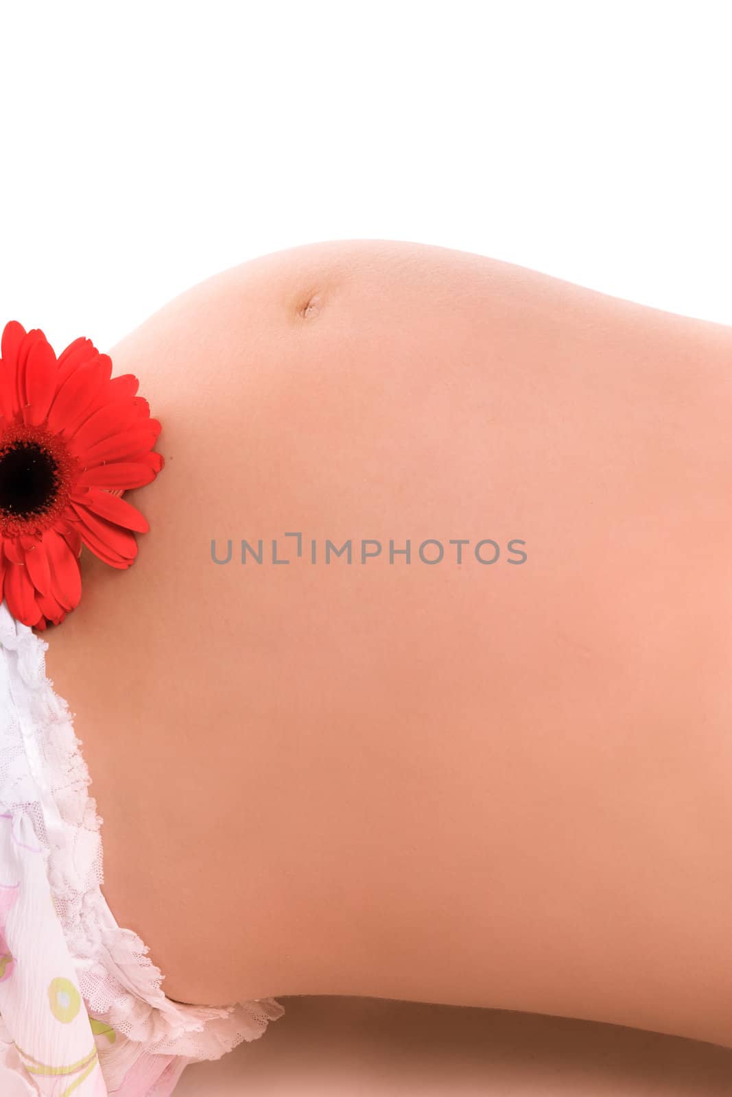 Pregnant woman holding her belly and flower