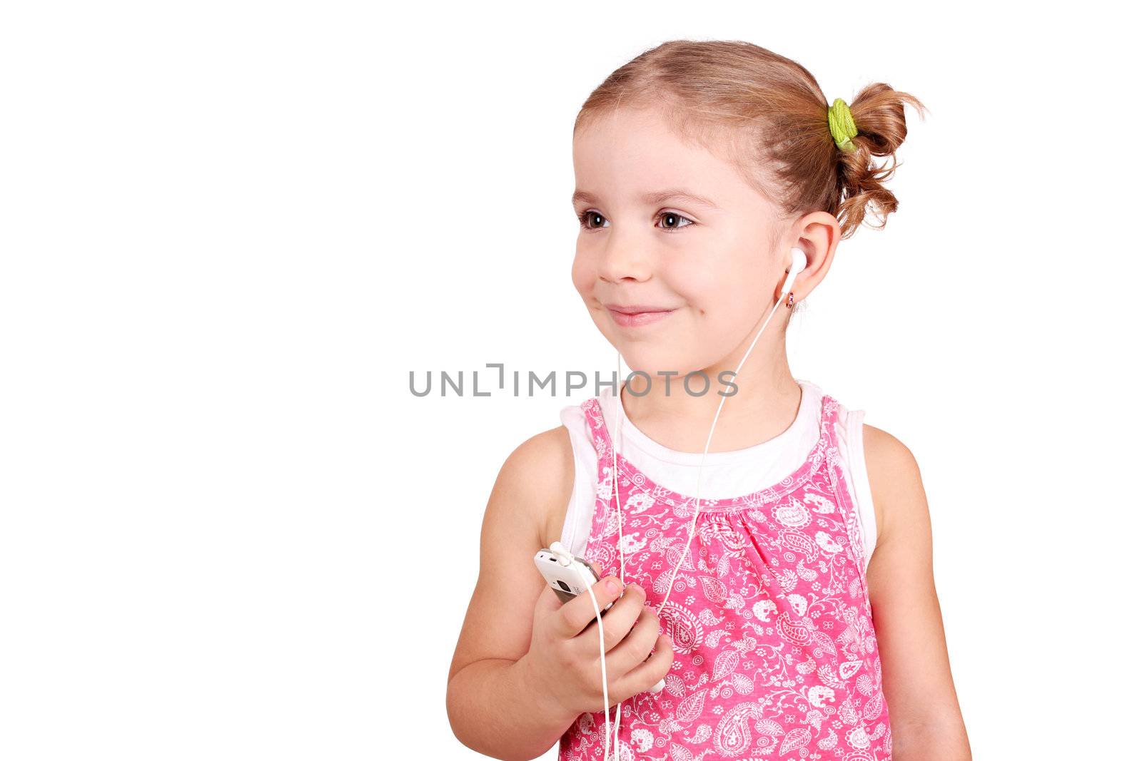 little girl listening music on phone by goce