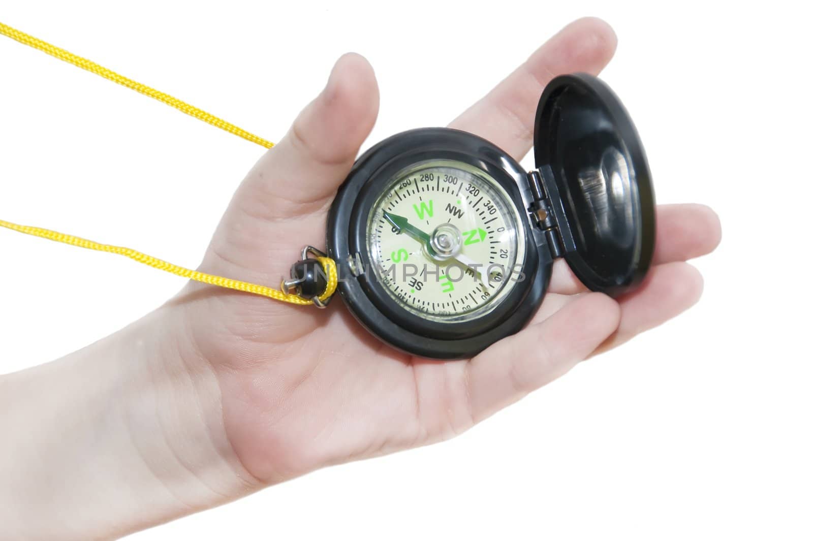 Compass in a hand on a white background