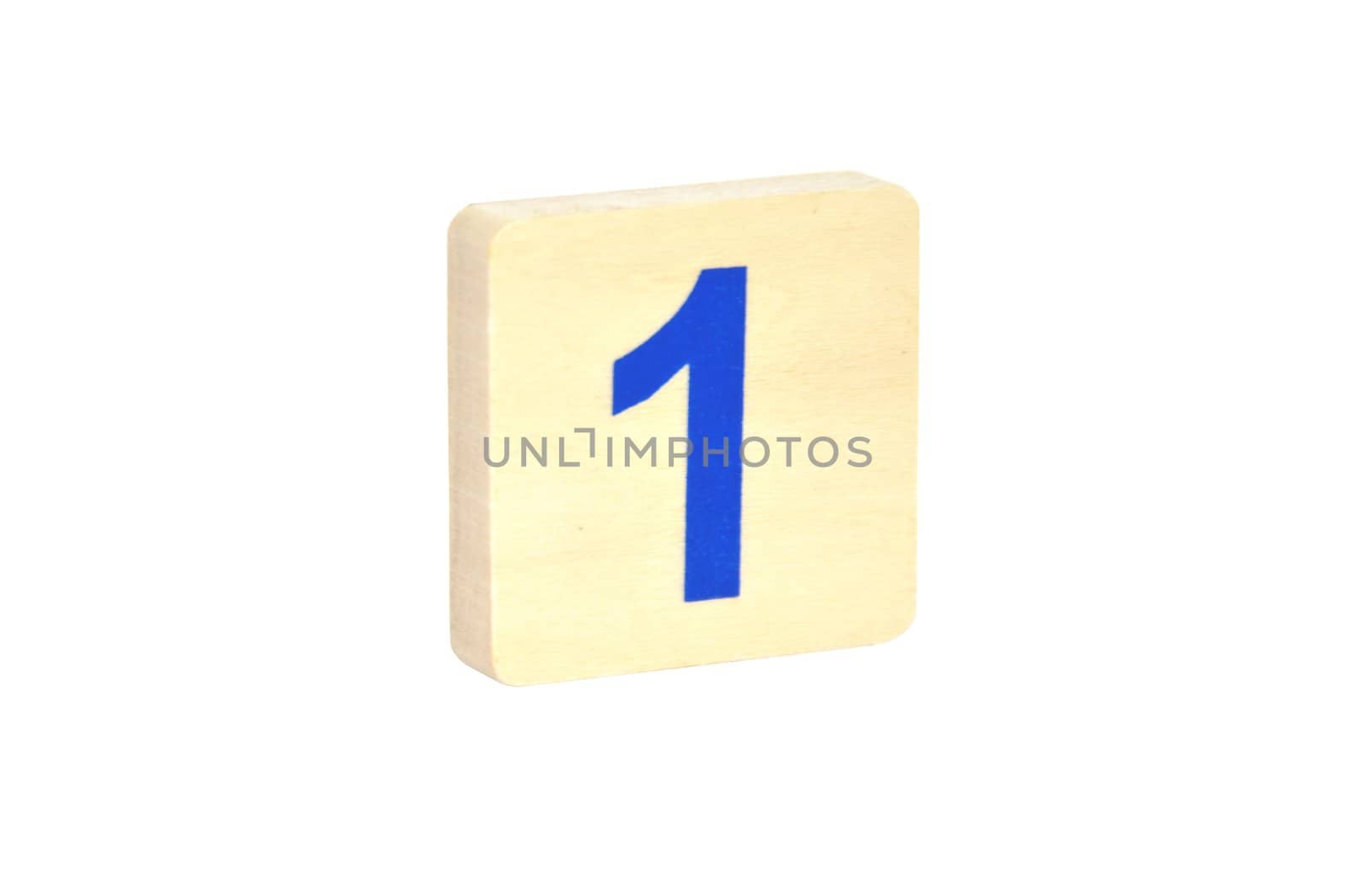 Figure one on a wooden square on a white background