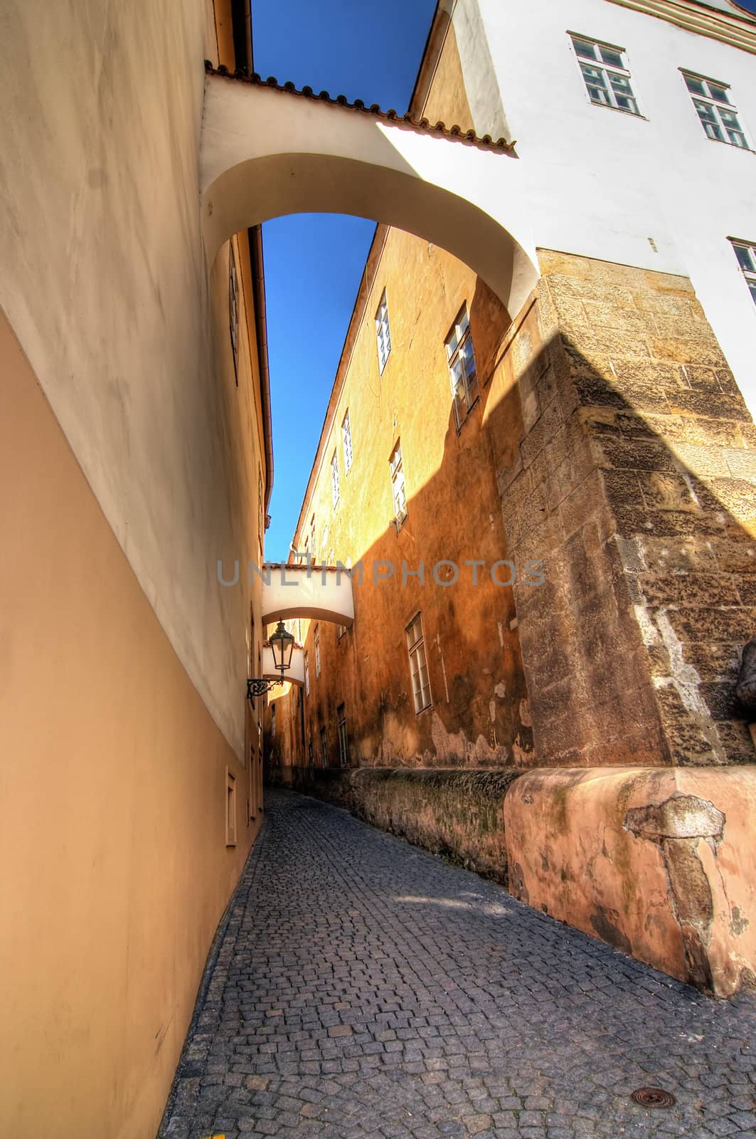 Shot of the typical Prague alleyway - historical centre of the Prague - Old Town, Stare Mesto. 
Prague, Czech republic, Europe.